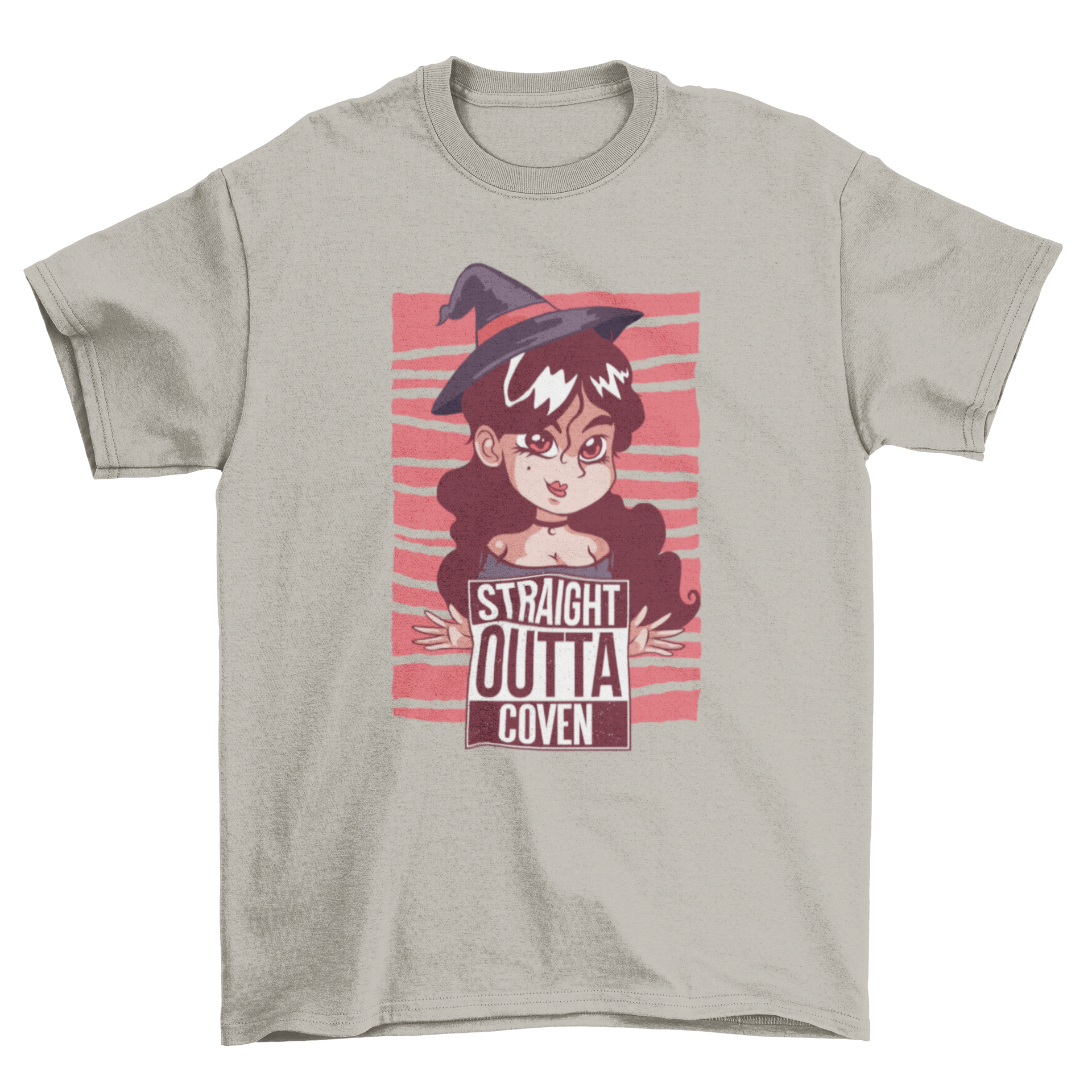 Witch Coven T-Shirt featuring a witch character illustration and 'straight outta coven' lettering.