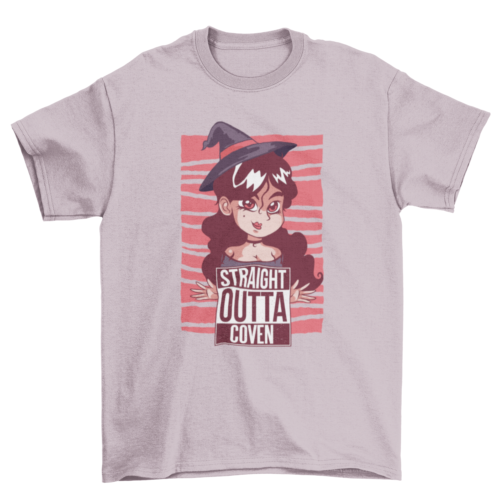 Witch Coven T-Shirt featuring a witch character illustration and 'straight outta coven' lettering.