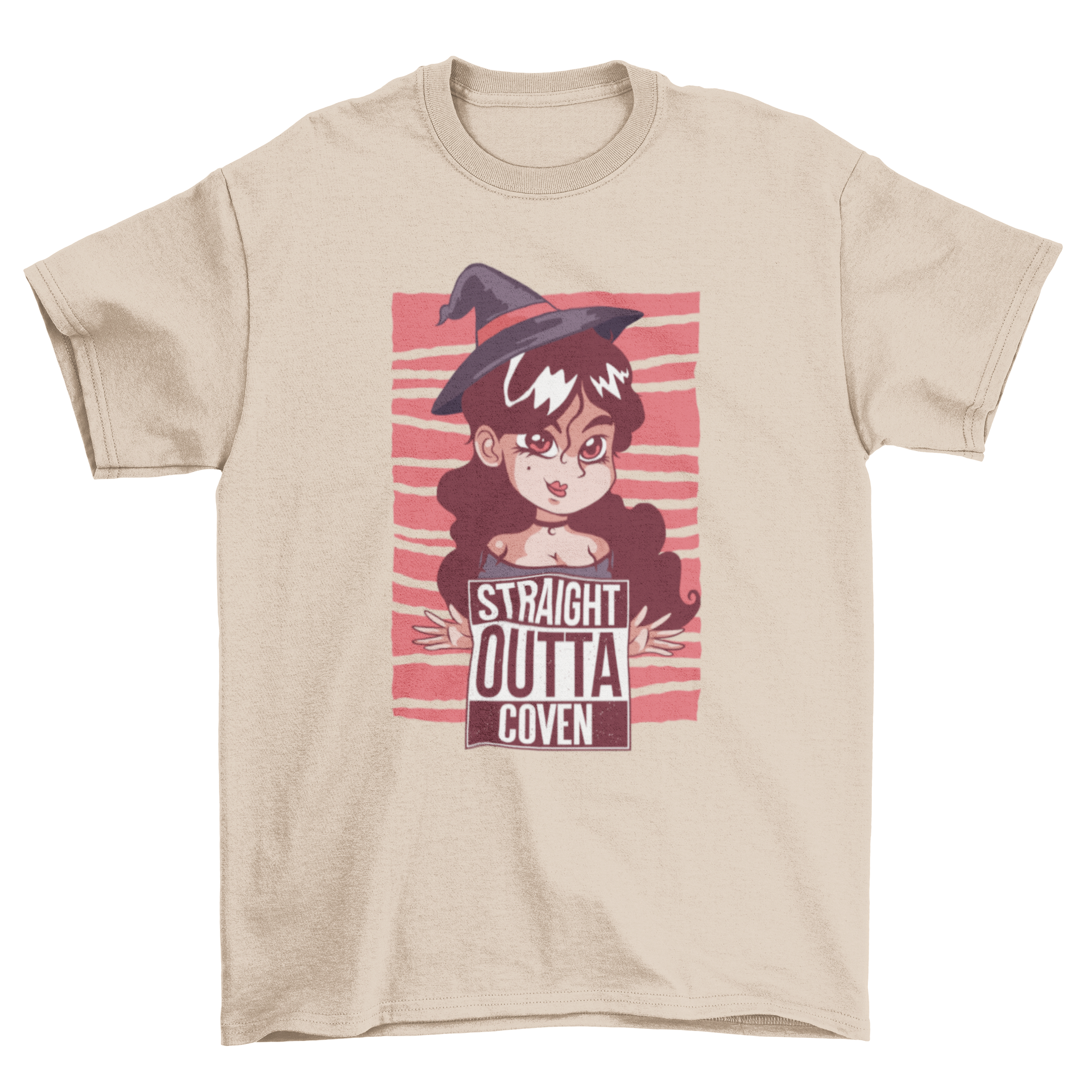 Witch Coven T-Shirt featuring a witch character illustration and 'straight outta coven' lettering.