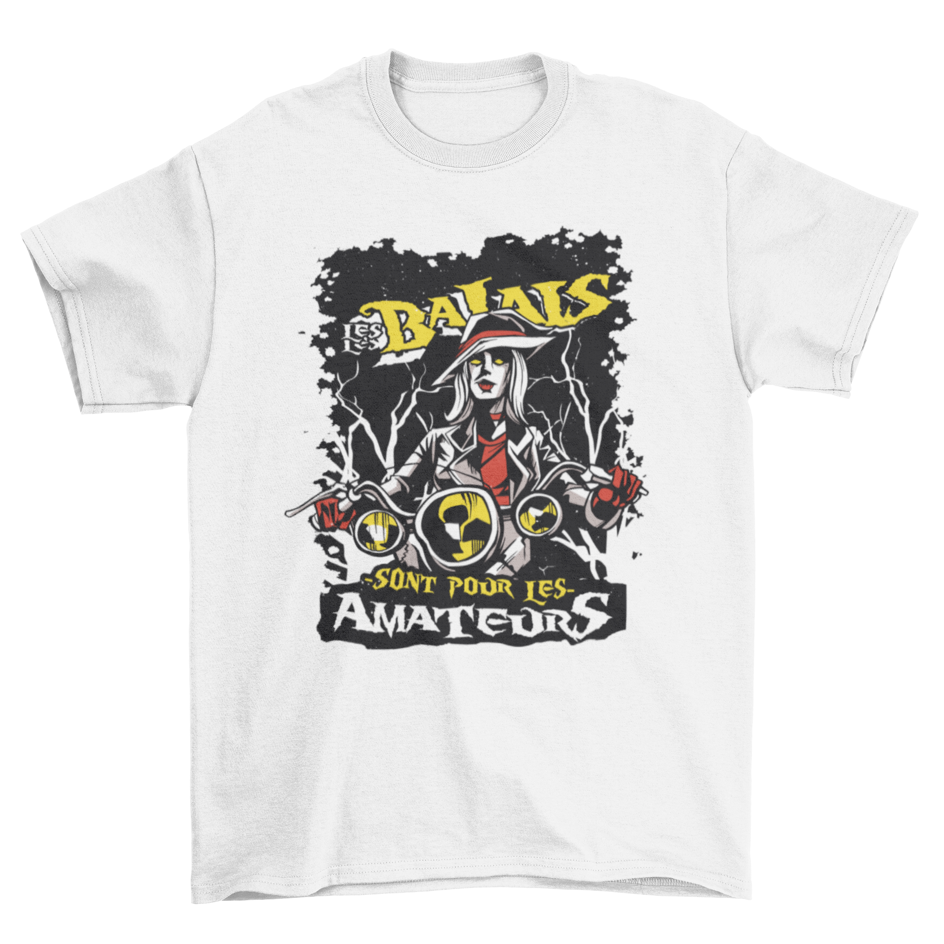 A stylish t-shirt featuring a witch design and the quote 'Les balais sont pour les amateurs'.