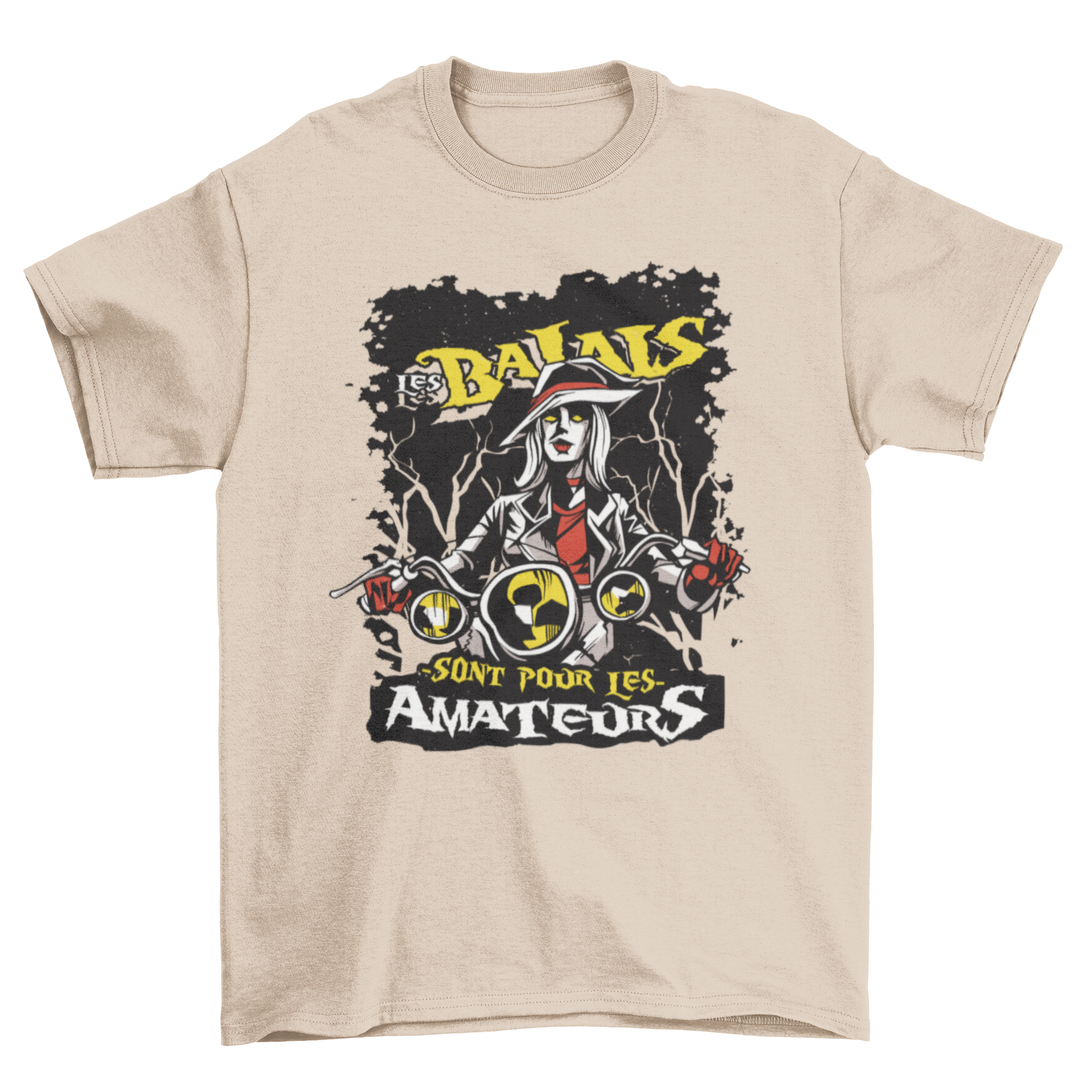 A stylish t-shirt featuring a witch design and the quote 'Les balais sont pour les amateurs'.