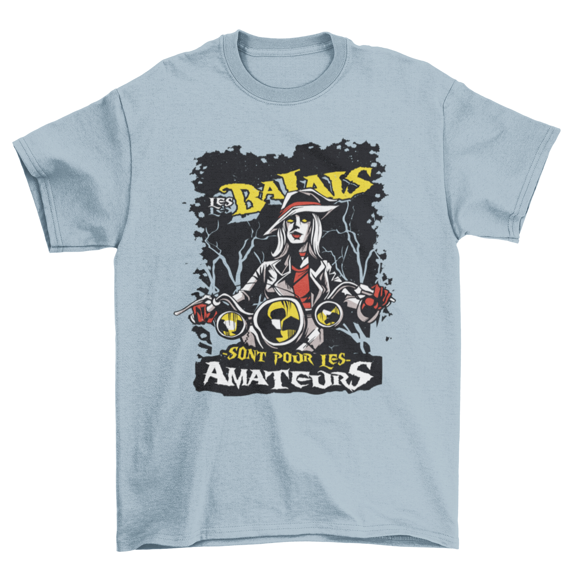 A stylish t-shirt featuring a witch design and the quote 'Les balais sont pour les amateurs'.