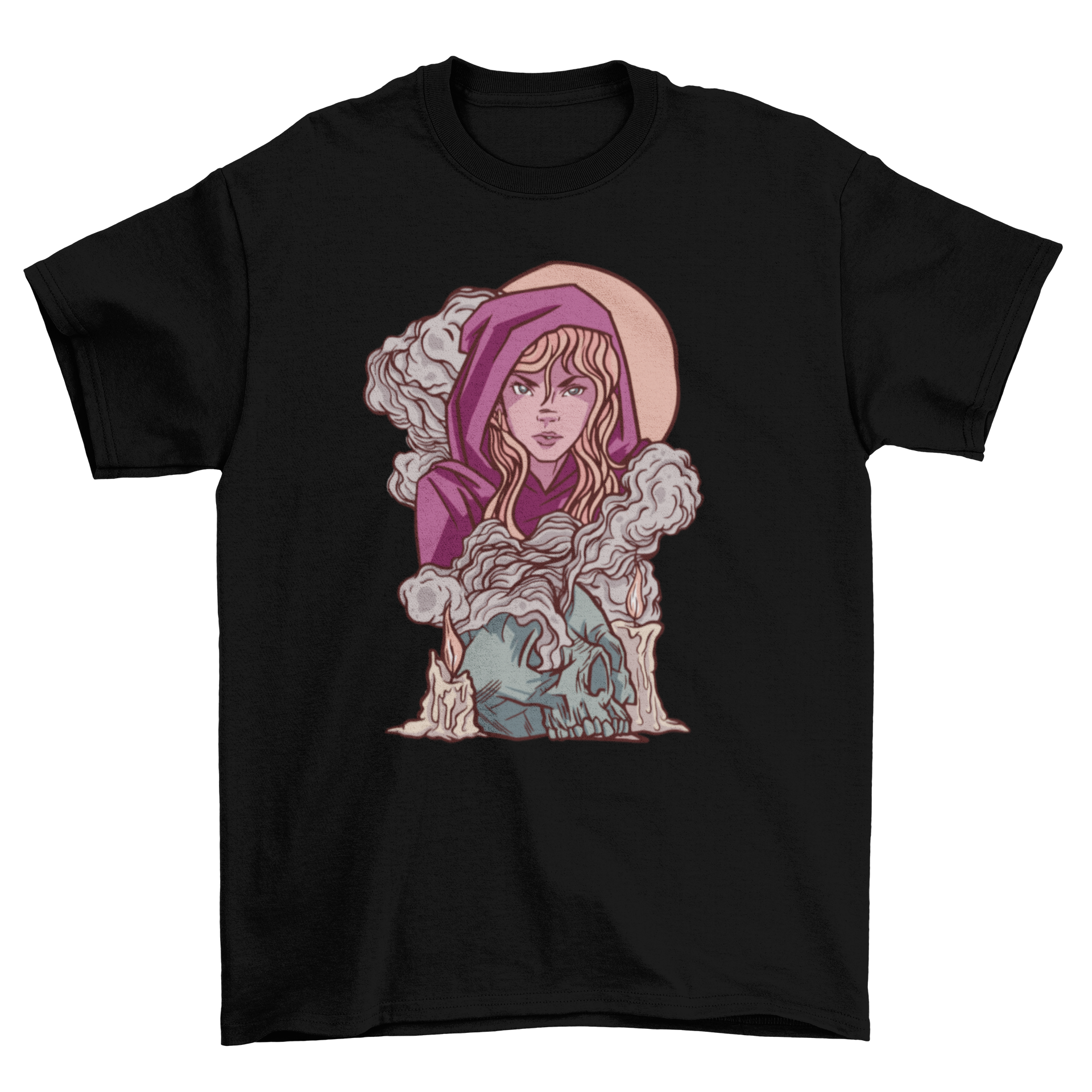 Witch girl fantasy t-shirt featuring a witch girl surrounded by smoke from a skull, showcasing a mystical design.