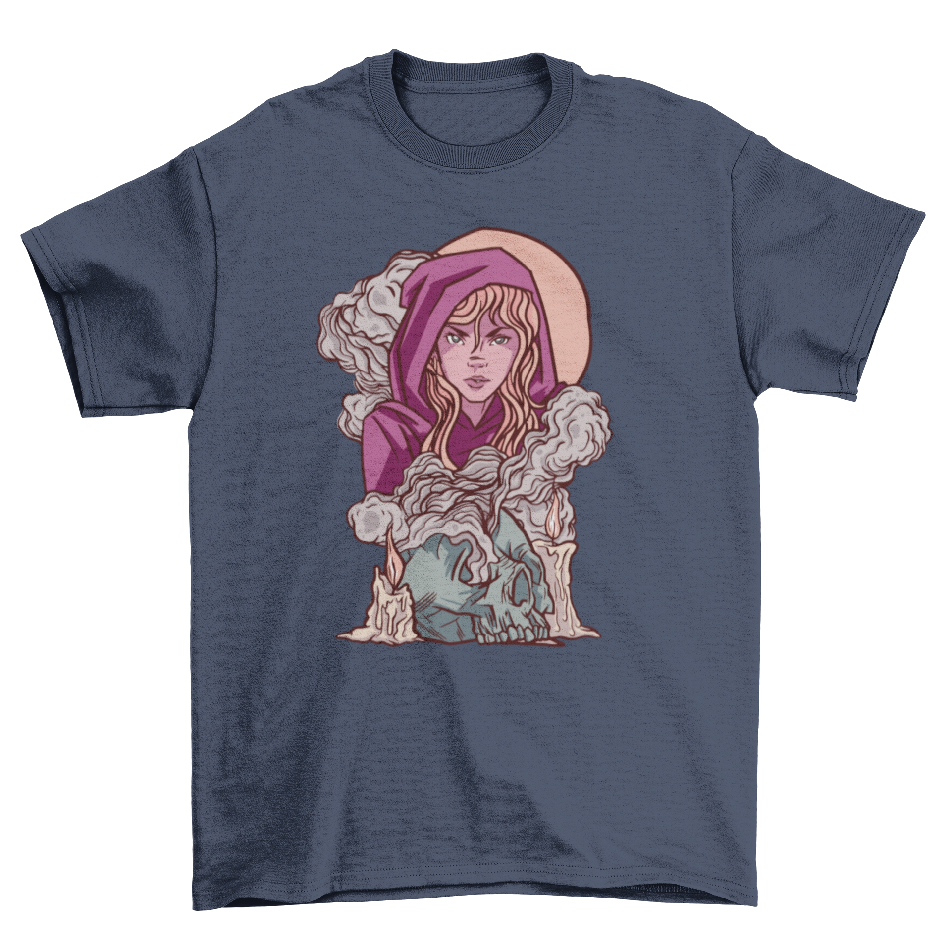 Witch girl fantasy t-shirt featuring a witch girl surrounded by smoke from a skull, showcasing a mystical design.