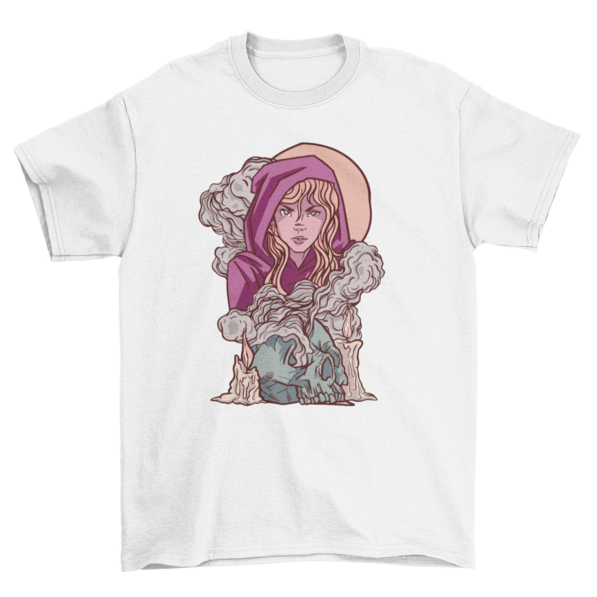 Witch girl fantasy t-shirt featuring a witch girl surrounded by smoke from a skull, showcasing a mystical design.