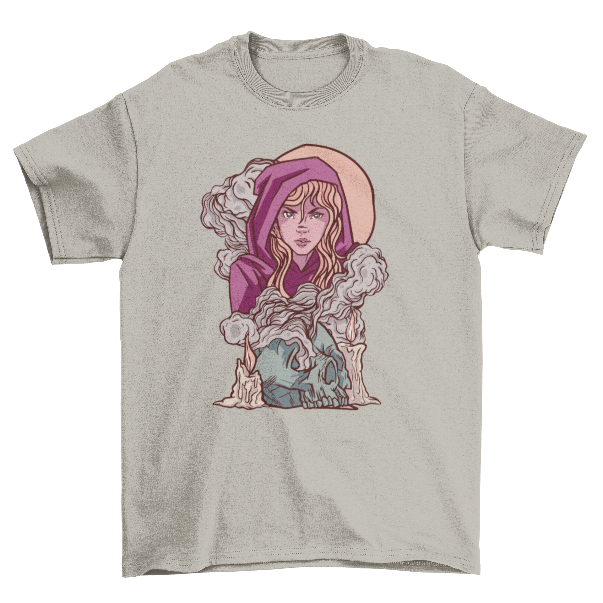 Witch girl fantasy t-shirt featuring a witch girl surrounded by smoke from a skull, showcasing a mystical design.