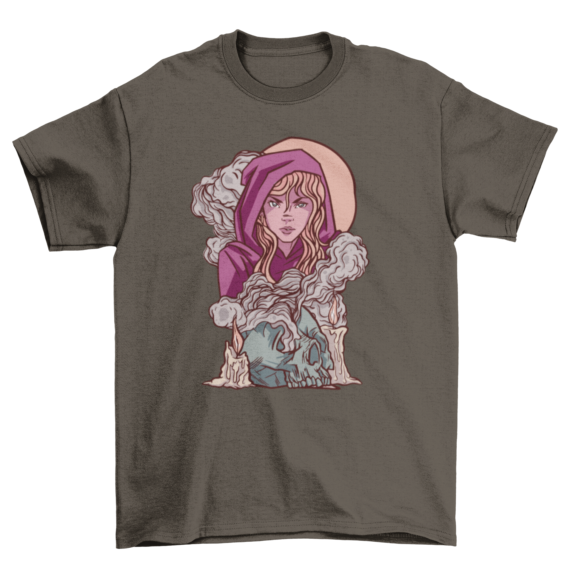 Witch girl fantasy t-shirt featuring a witch girl surrounded by smoke from a skull, showcasing a mystical design.