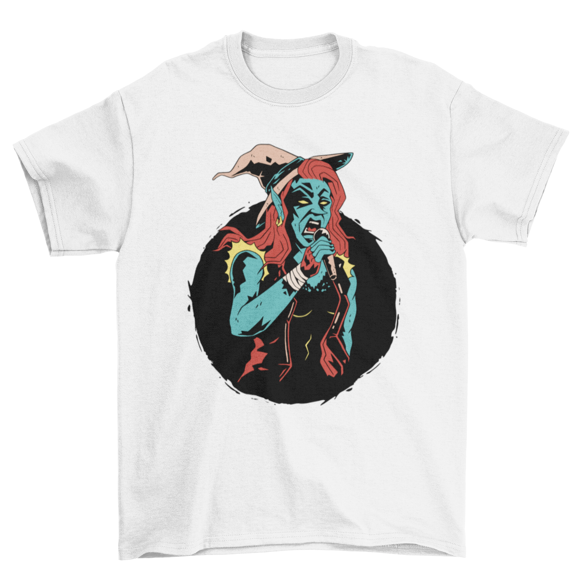 A stylish t-shirt featuring a witch singing into a microphone, showcasing a unique and artistic design.