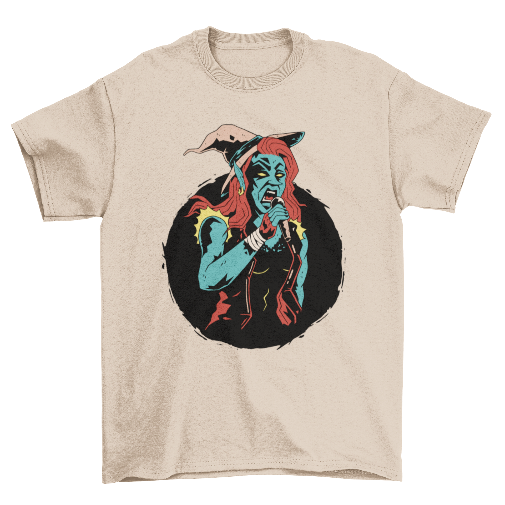 A stylish t-shirt featuring a witch singing into a microphone, showcasing a unique and artistic design.