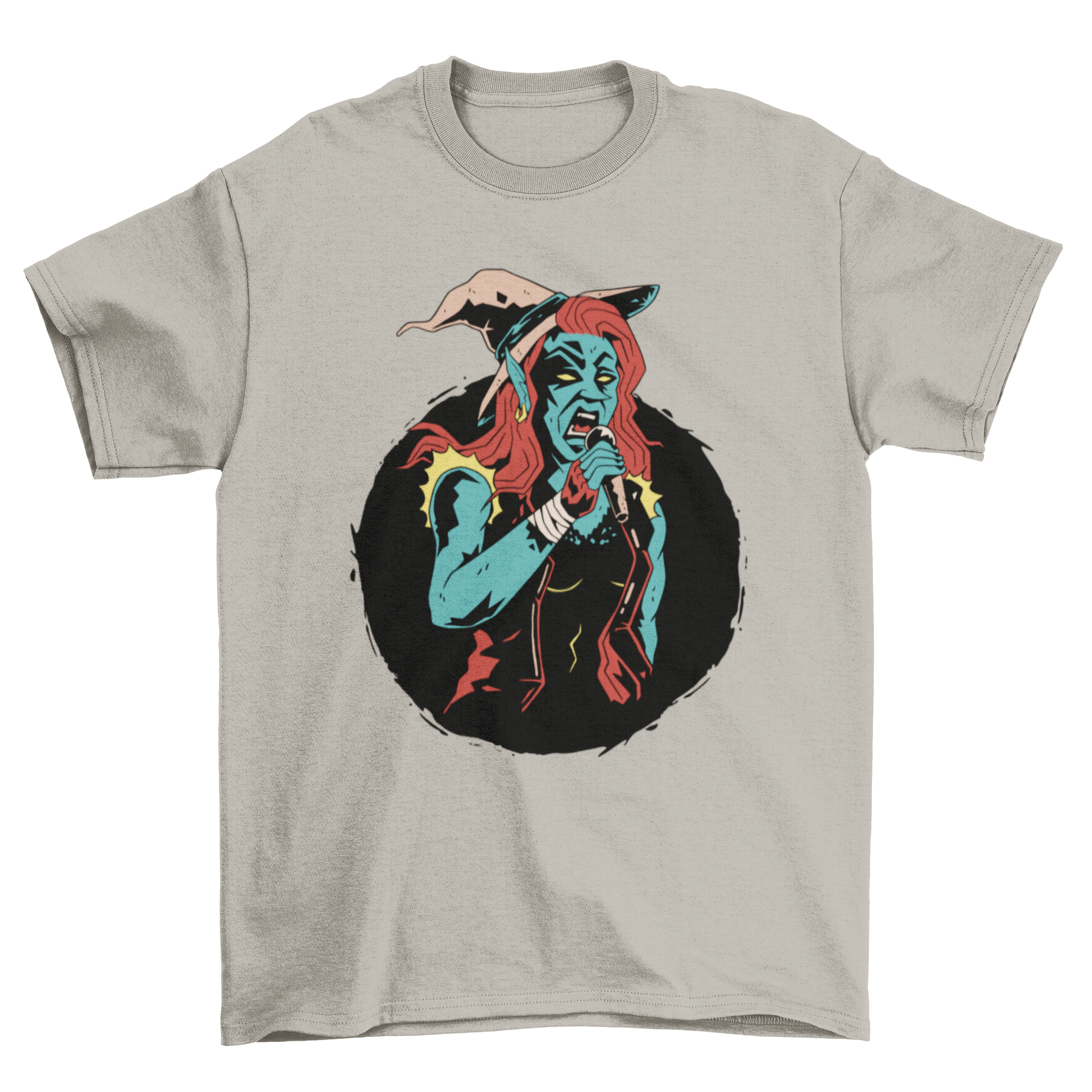 A stylish t-shirt featuring a witch singing into a microphone, showcasing a unique and artistic design.