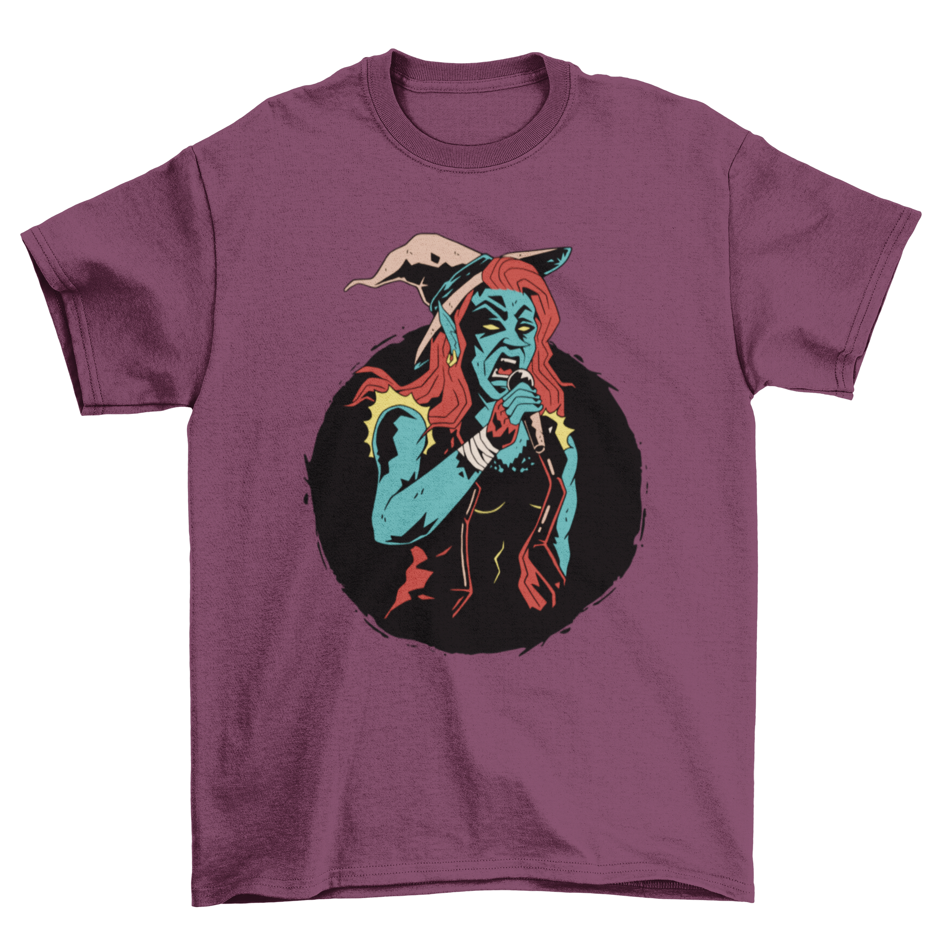 A stylish t-shirt featuring a witch singing into a microphone, showcasing a unique and artistic design.