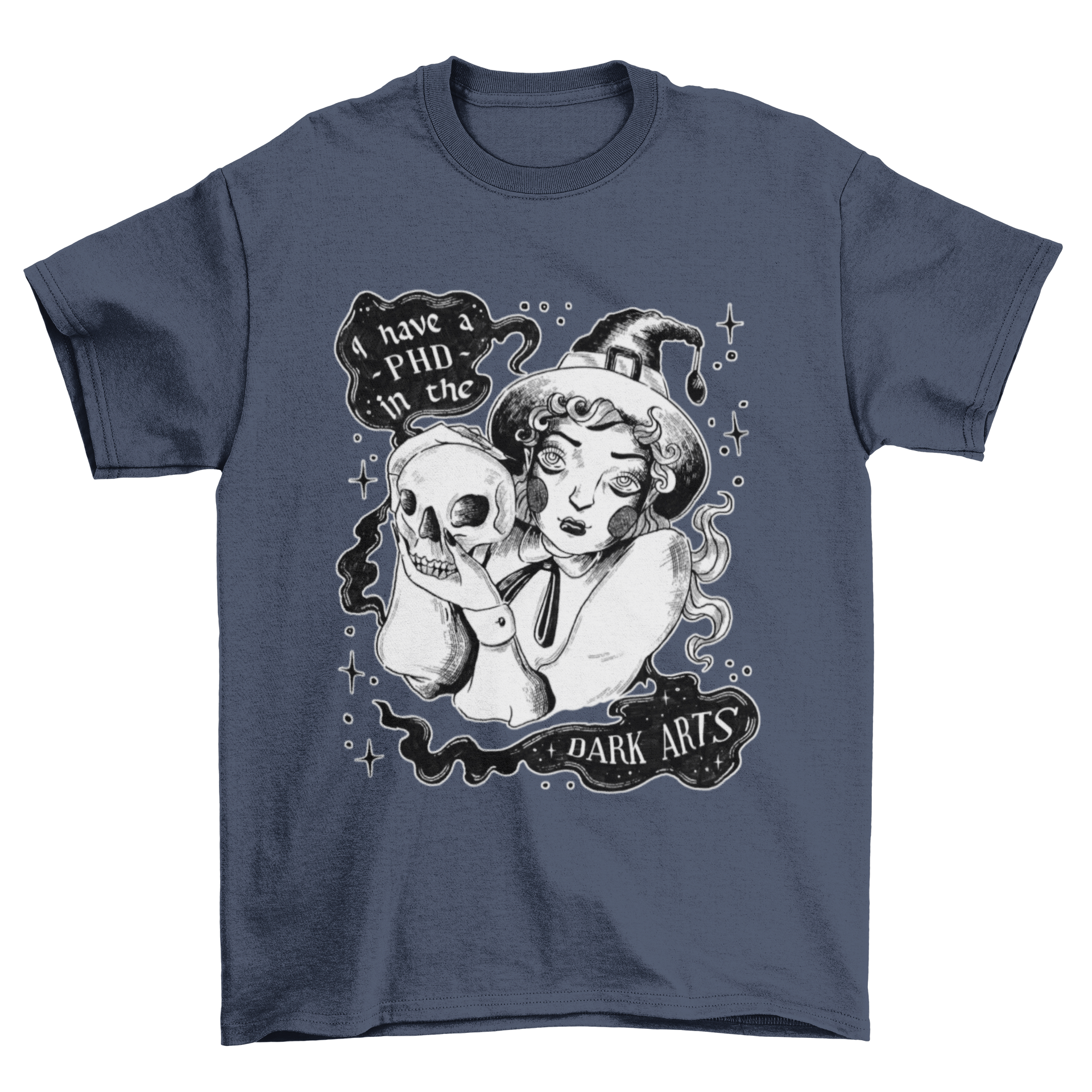 A stylish t-shirt featuring a young witch holding a skull with the quote 'I have a PHD in the dark arts'.