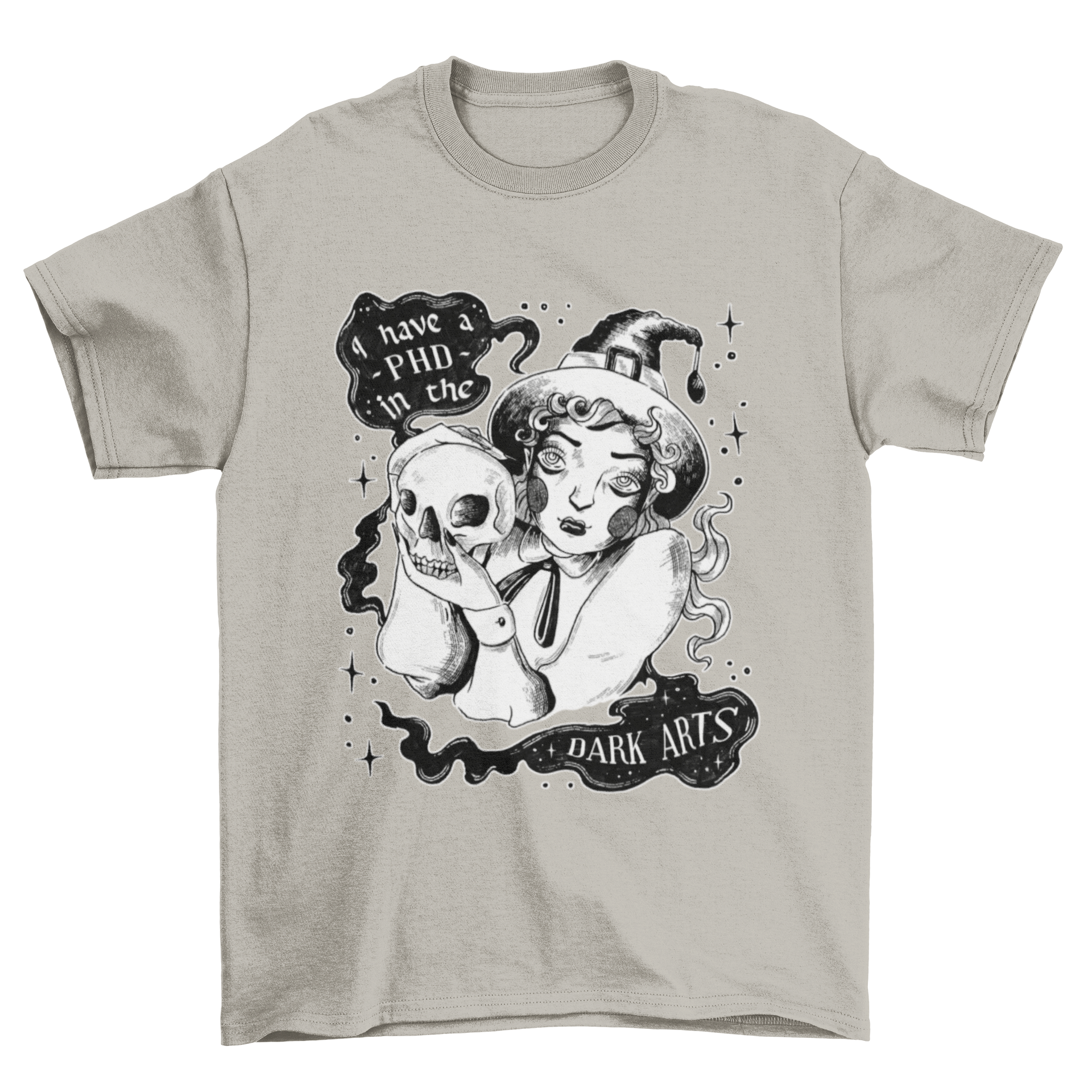 A stylish t-shirt featuring a young witch holding a skull with the quote 'I have a PHD in the dark arts'.