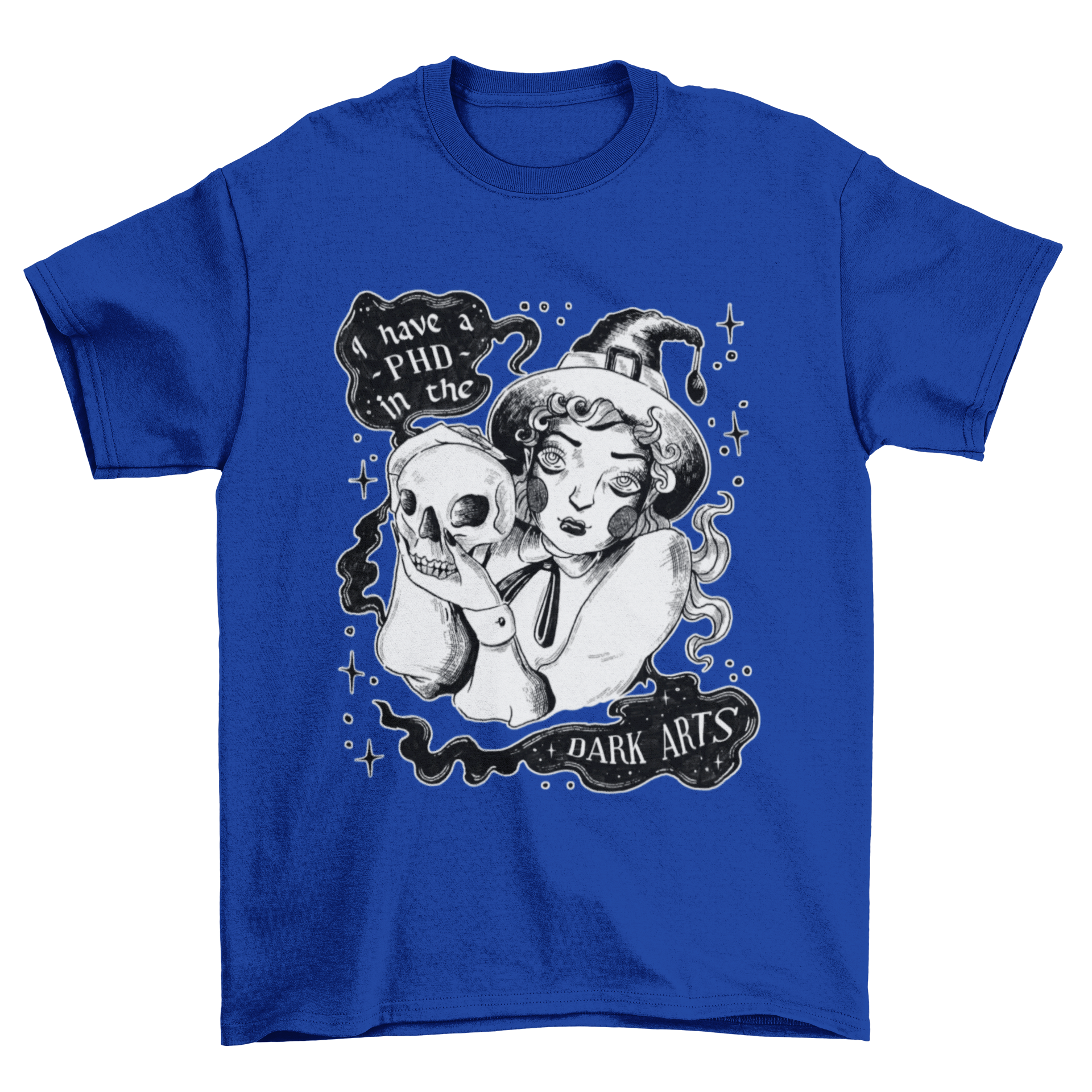 A stylish t-shirt featuring a young witch holding a skull with the quote 'I have a PHD in the dark arts'.