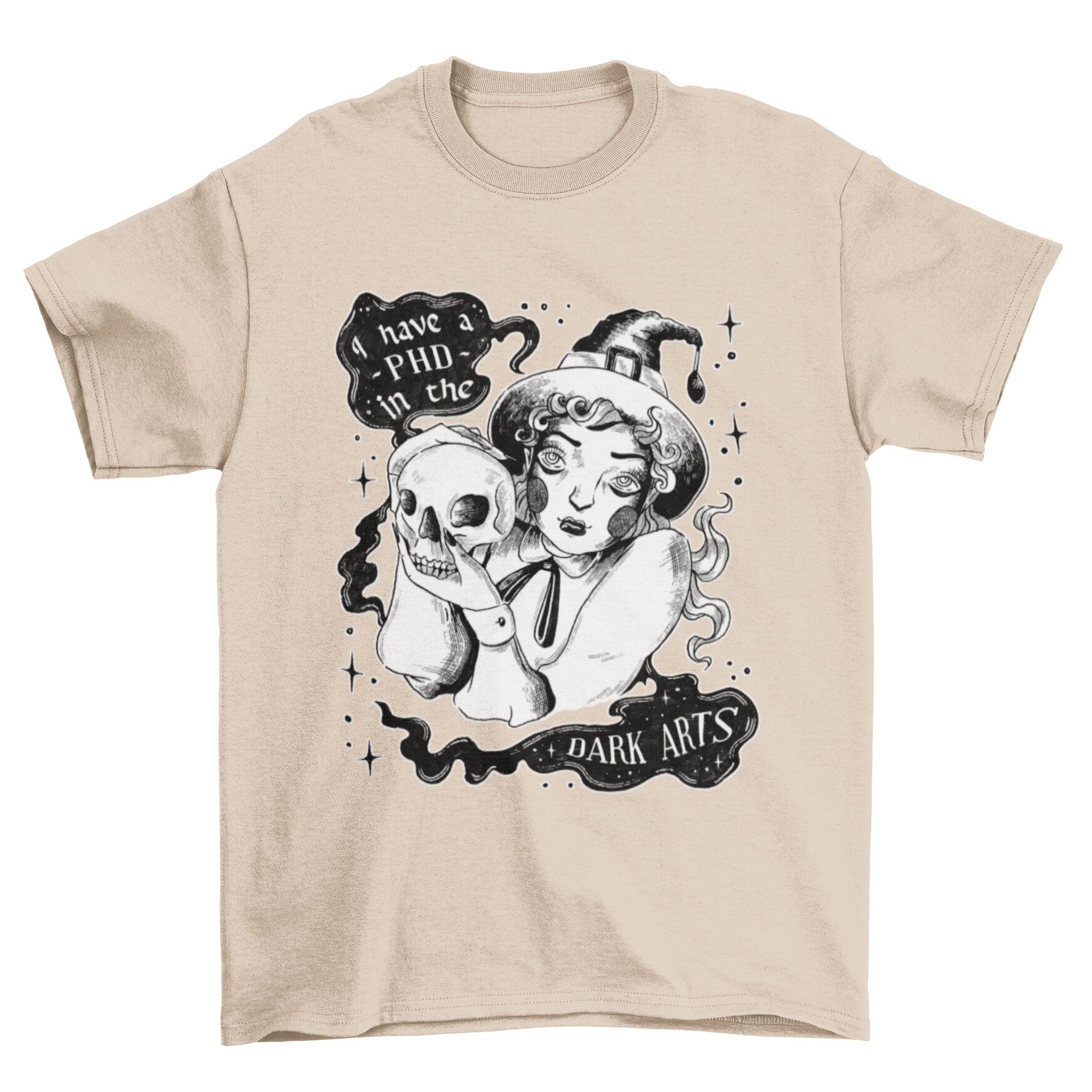 A stylish t-shirt featuring a young witch holding a skull with the quote 'I have a PHD in the dark arts'.