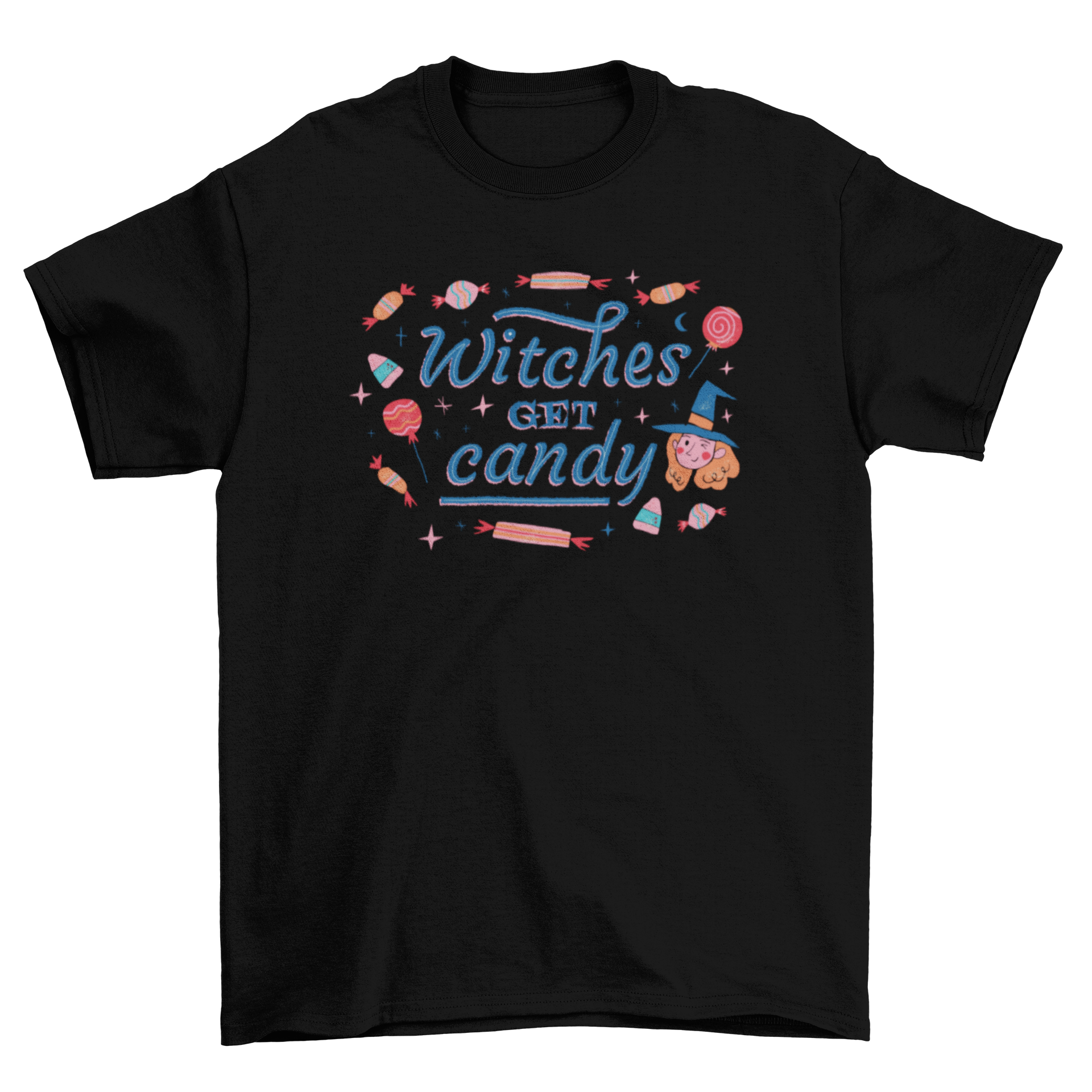 A stylish black t-shirt featuring the phrase 'Witches Get Candy' in bold, playful lettering, perfect for Halloween.