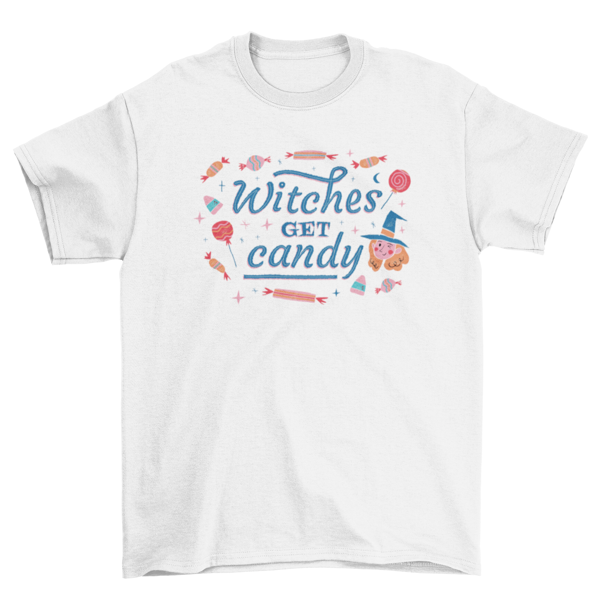 A stylish black t-shirt featuring the phrase 'Witches Get Candy' in bold, playful lettering, perfect for Halloween.