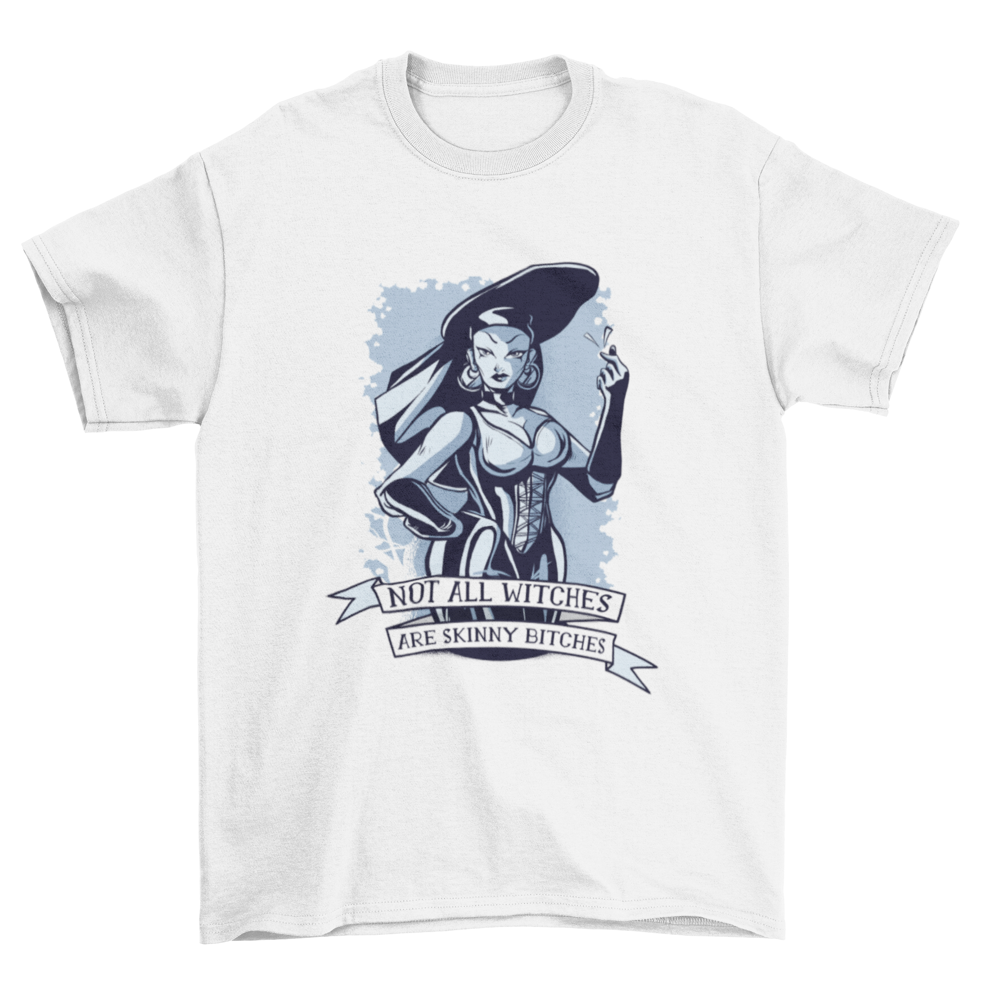 Witches Quote T-Shirt featuring a curvy witch illustration and the quote 'Not all witches are skinny bitches'.