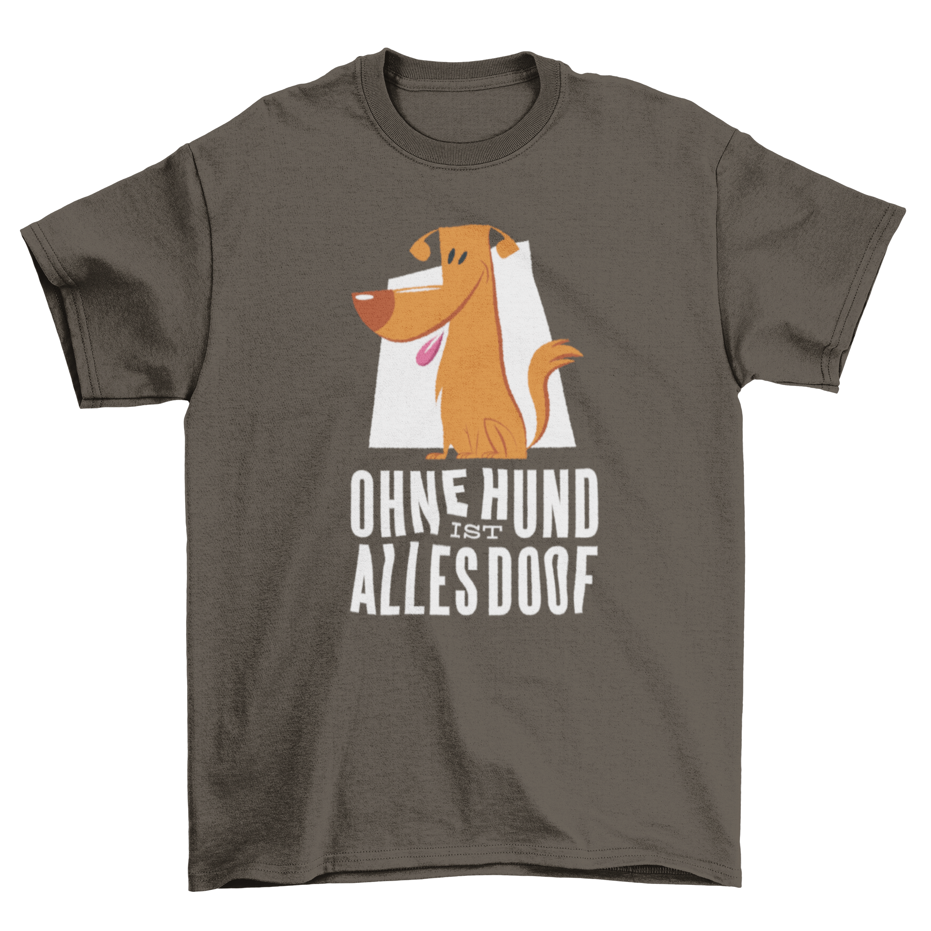 A stylish t-shirt featuring a dog illustration and the German quote 'Ohne hund ist alles doof' in a playful design.