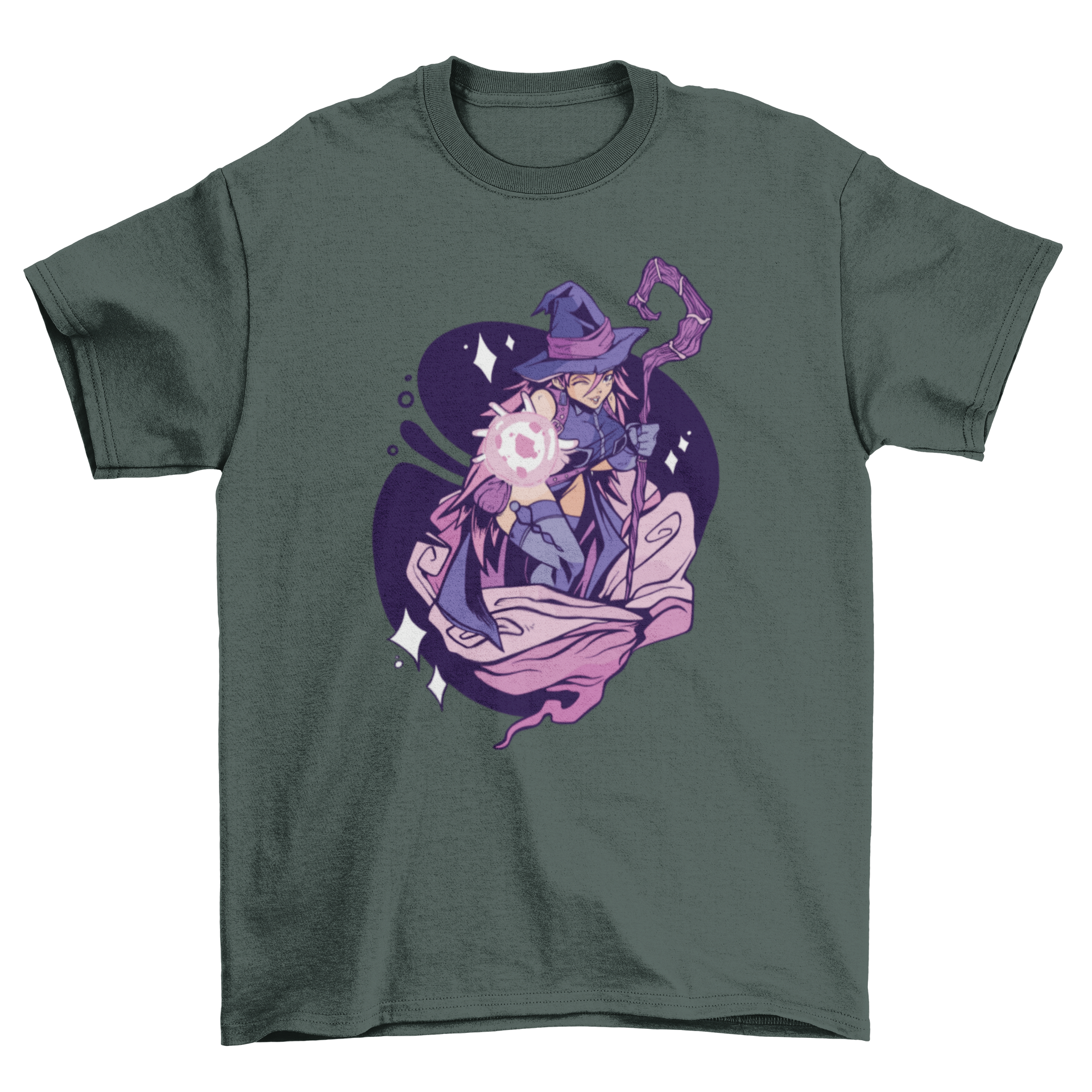 A stylish t-shirt featuring an anime girl dressed as a sorcerer, showcasing vibrant colors and intricate details.