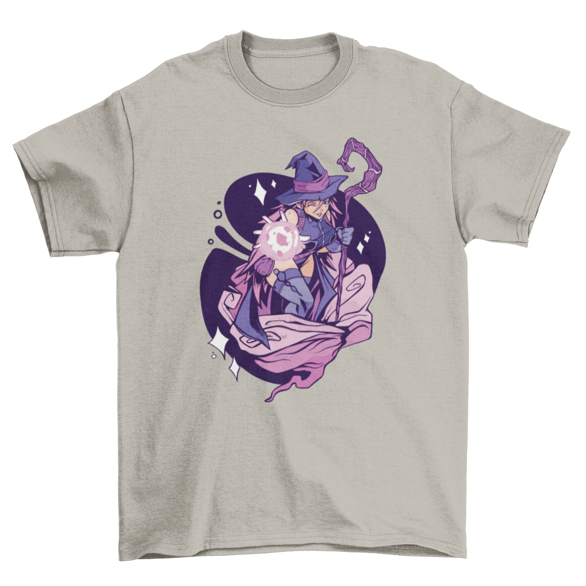 A stylish t-shirt featuring an anime girl dressed as a sorcerer, showcasing vibrant colors and intricate details.