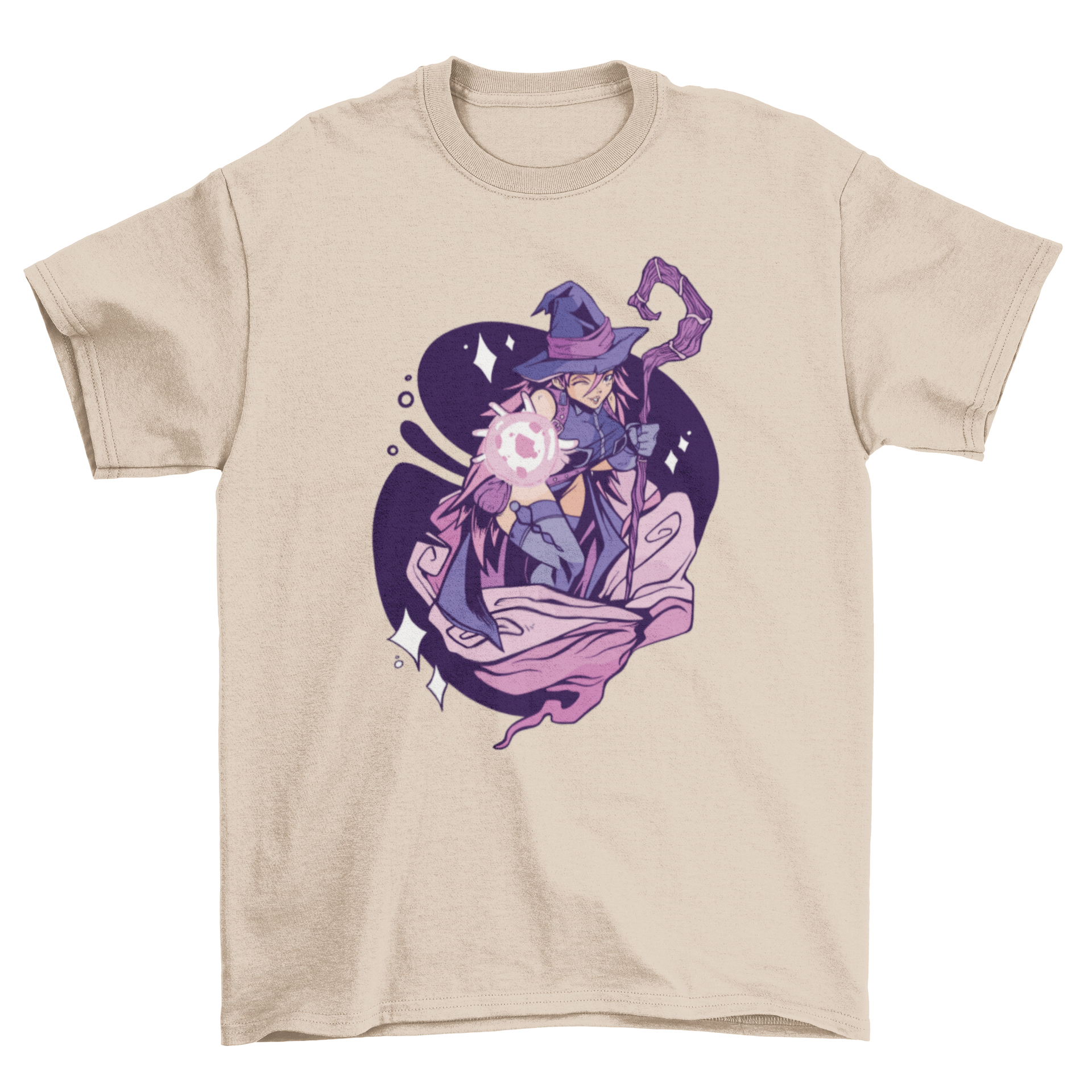 A stylish t-shirt featuring an anime girl dressed as a sorcerer, showcasing vibrant colors and intricate details.