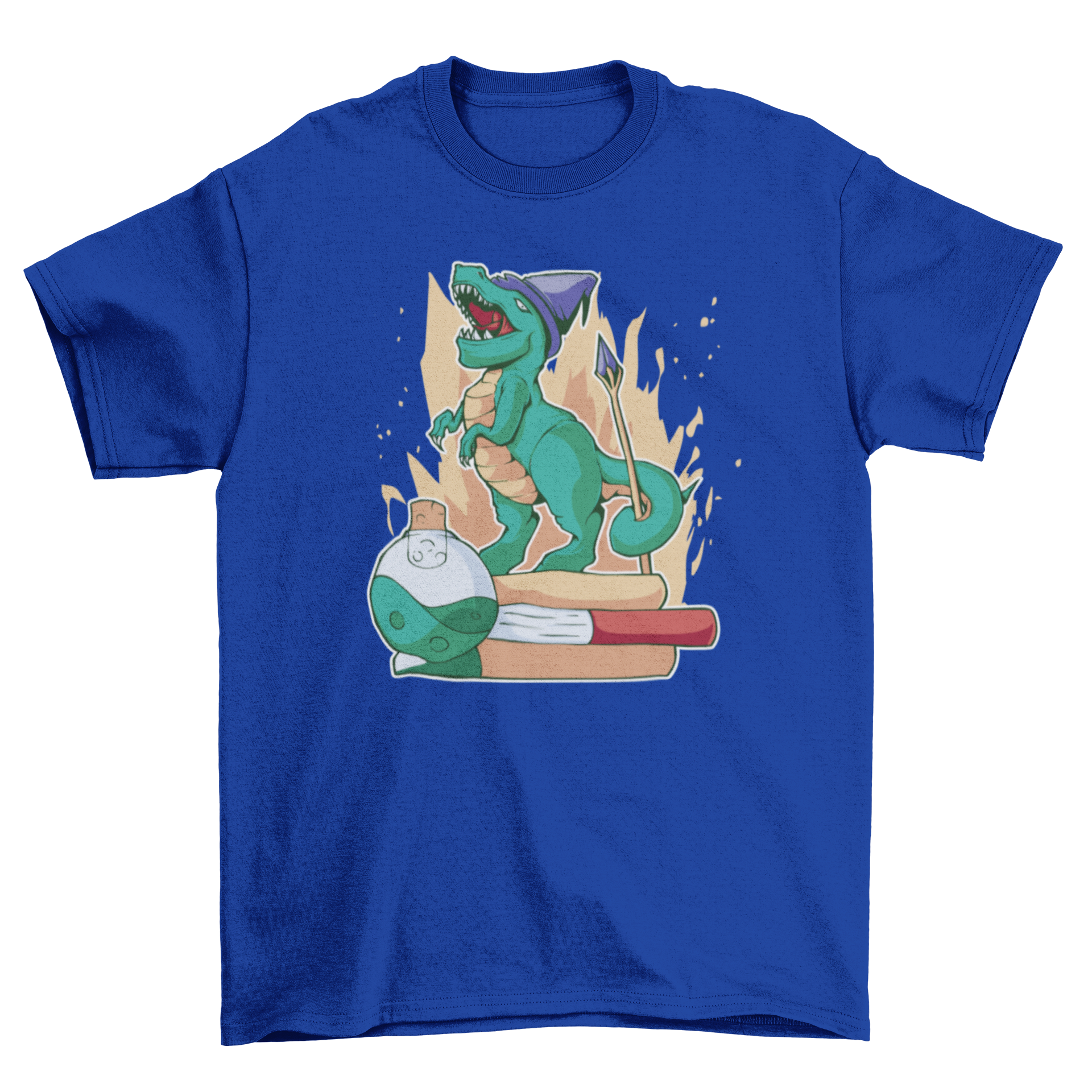 A whimsical t-shirt featuring a dinosaur wearing a wizard hat, surrounded by books and potions, perfect for dinosaur and fantasy lovers.