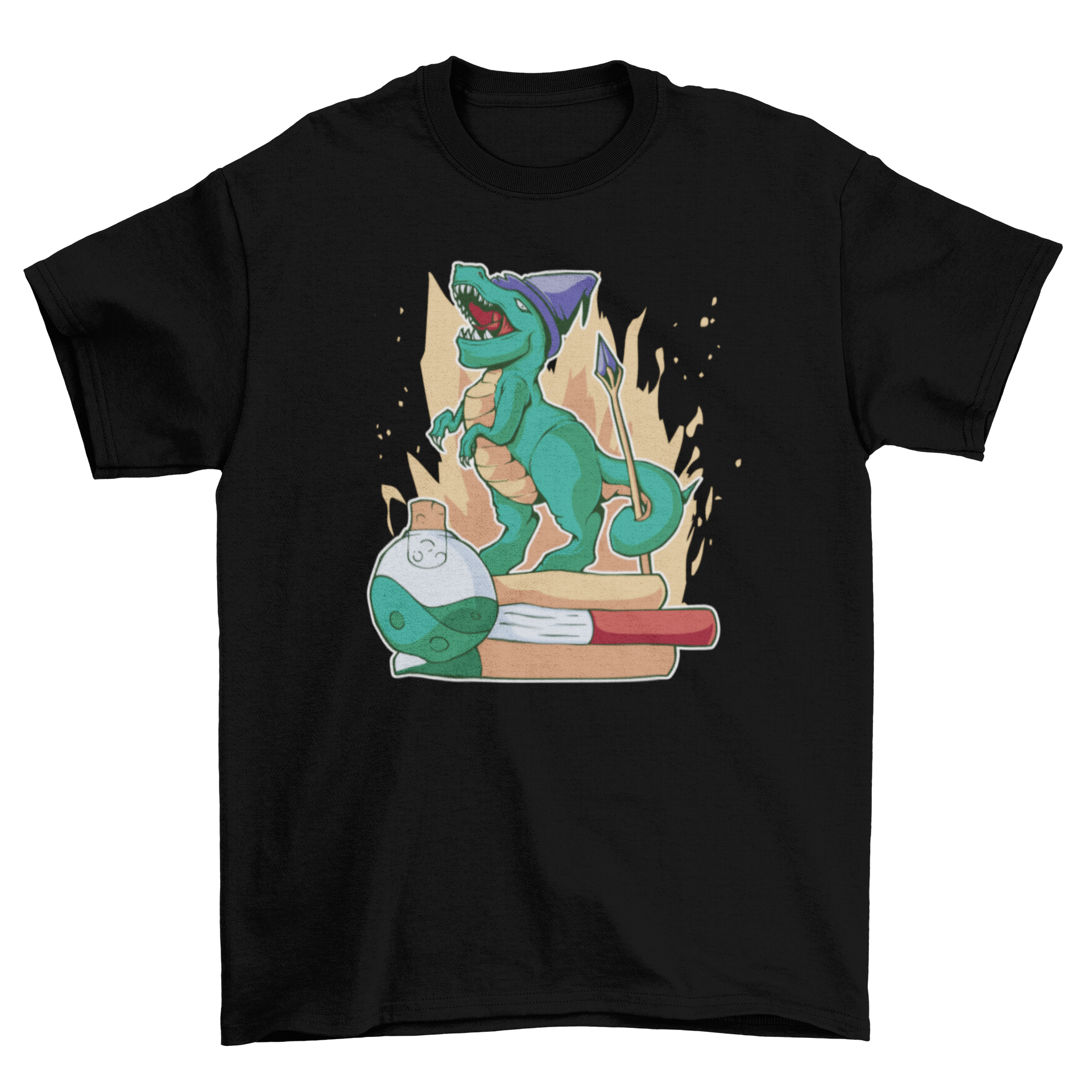 A whimsical t-shirt featuring a dinosaur wearing a wizard hat, surrounded by books and potions, perfect for dinosaur and fantasy lovers.