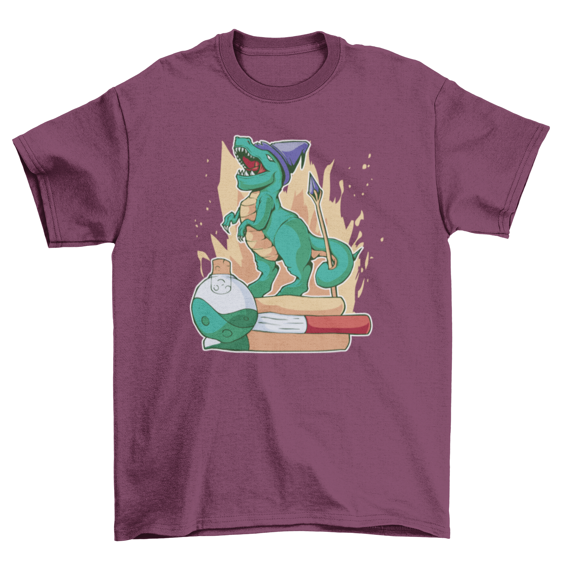 A whimsical t-shirt featuring a dinosaur wearing a wizard hat, surrounded by books and potions, perfect for dinosaur and fantasy lovers.