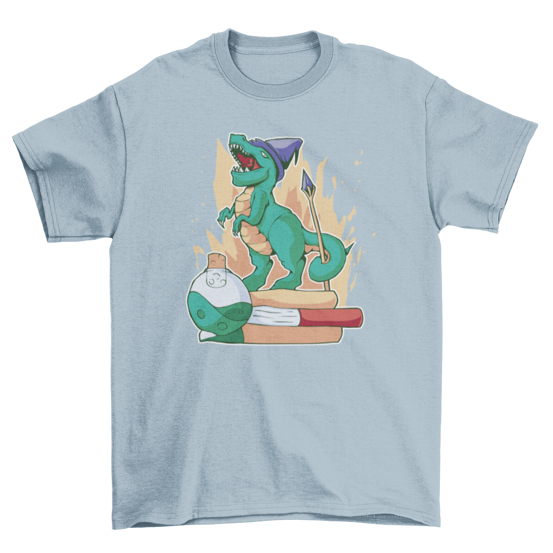 A whimsical t-shirt featuring a dinosaur wearing a wizard hat, surrounded by books and potions, perfect for dinosaur and fantasy lovers.