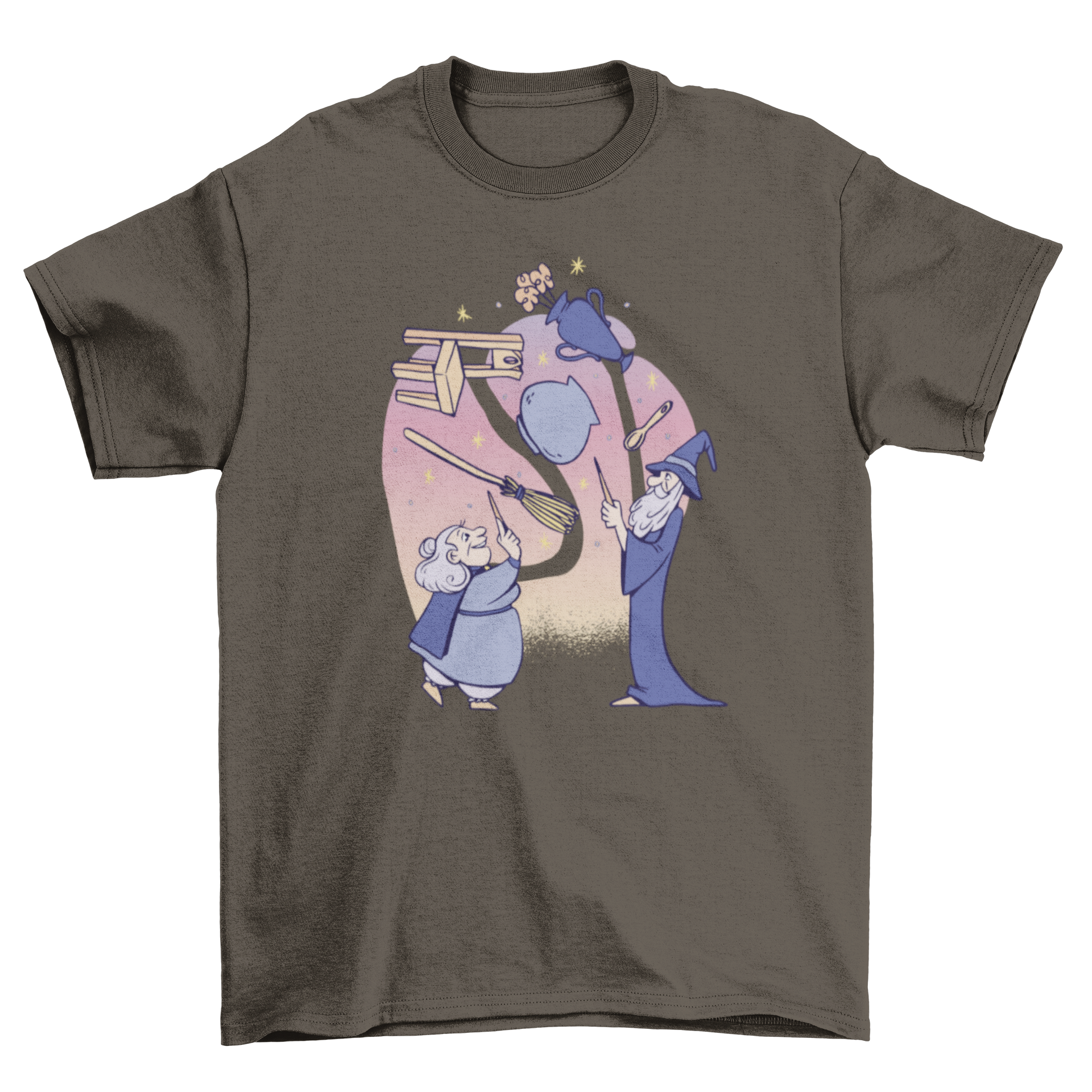 Wizards Objects T-Shirt featuring two old wizards casting spells with floating objects.