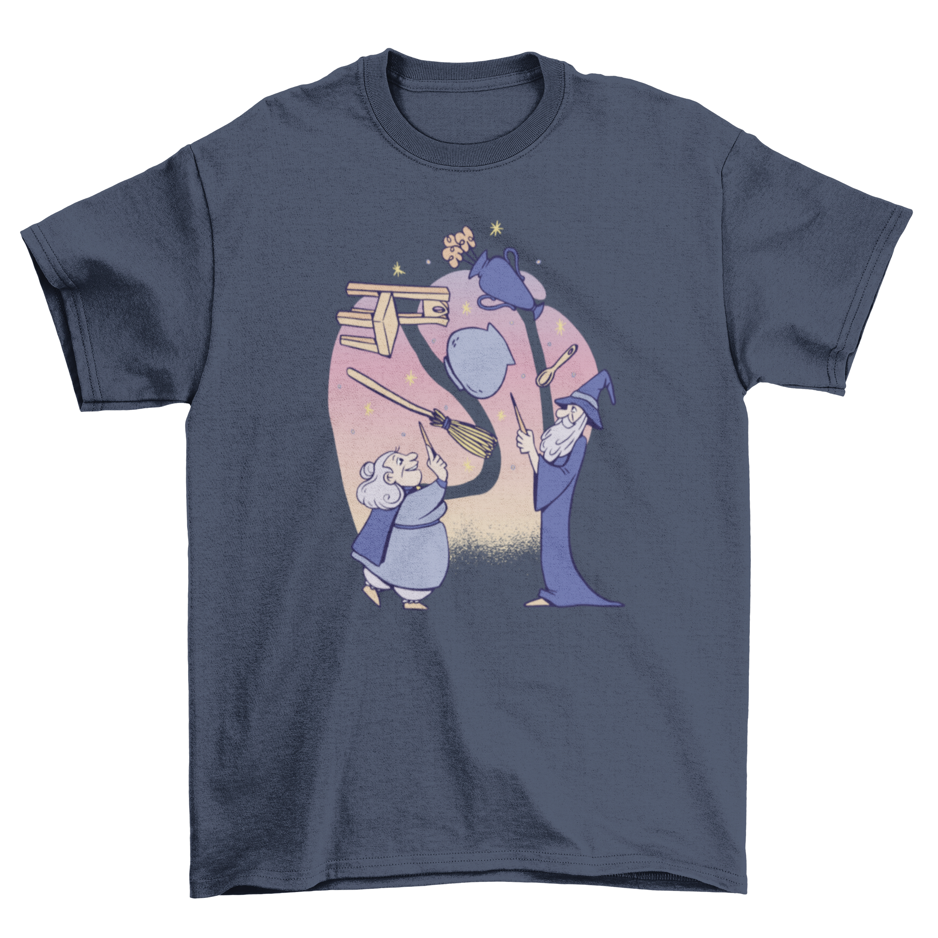 Wizards Objects T-Shirt featuring two old wizards casting spells with floating objects.