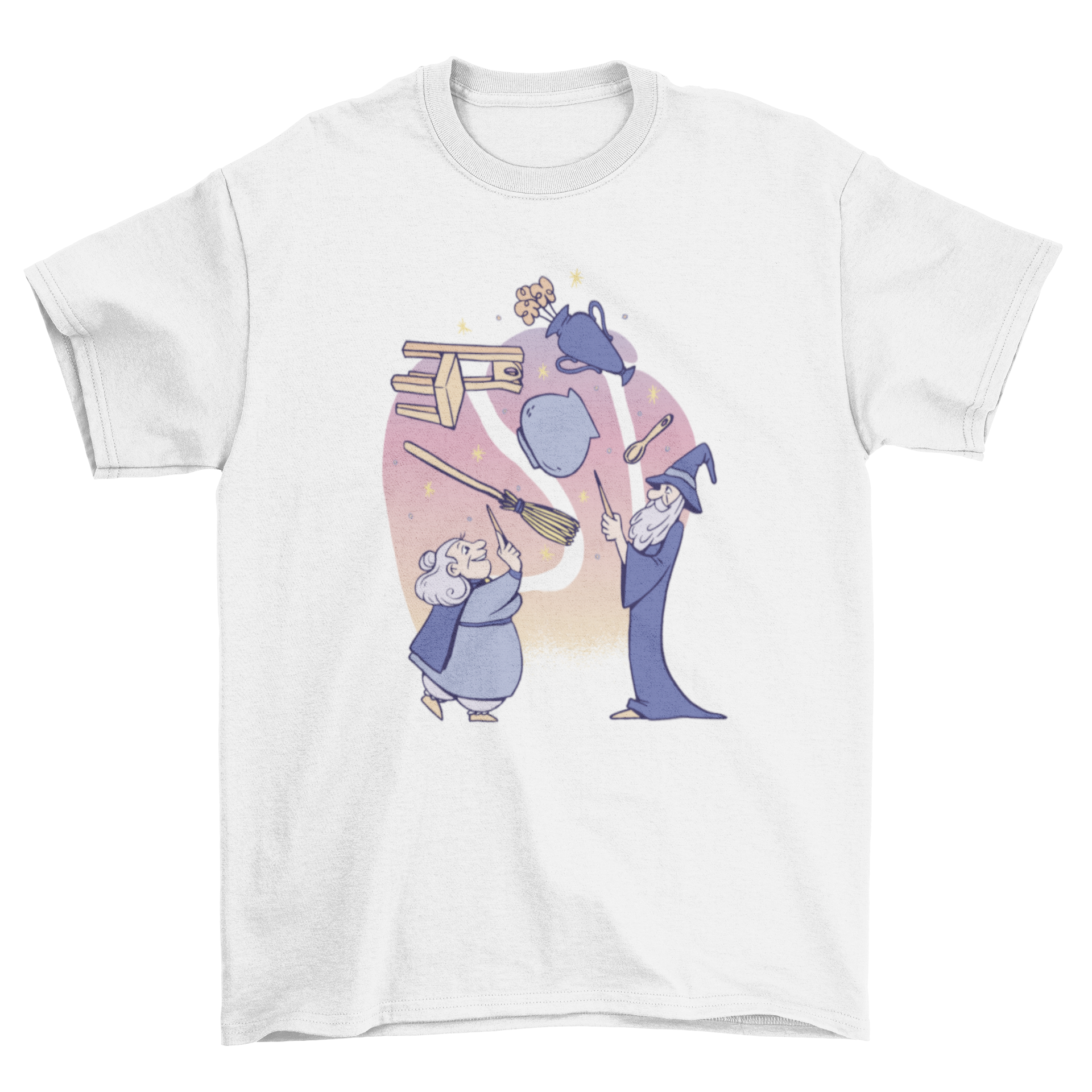 Wizards Objects T-Shirt featuring two old wizards casting spells with floating objects.