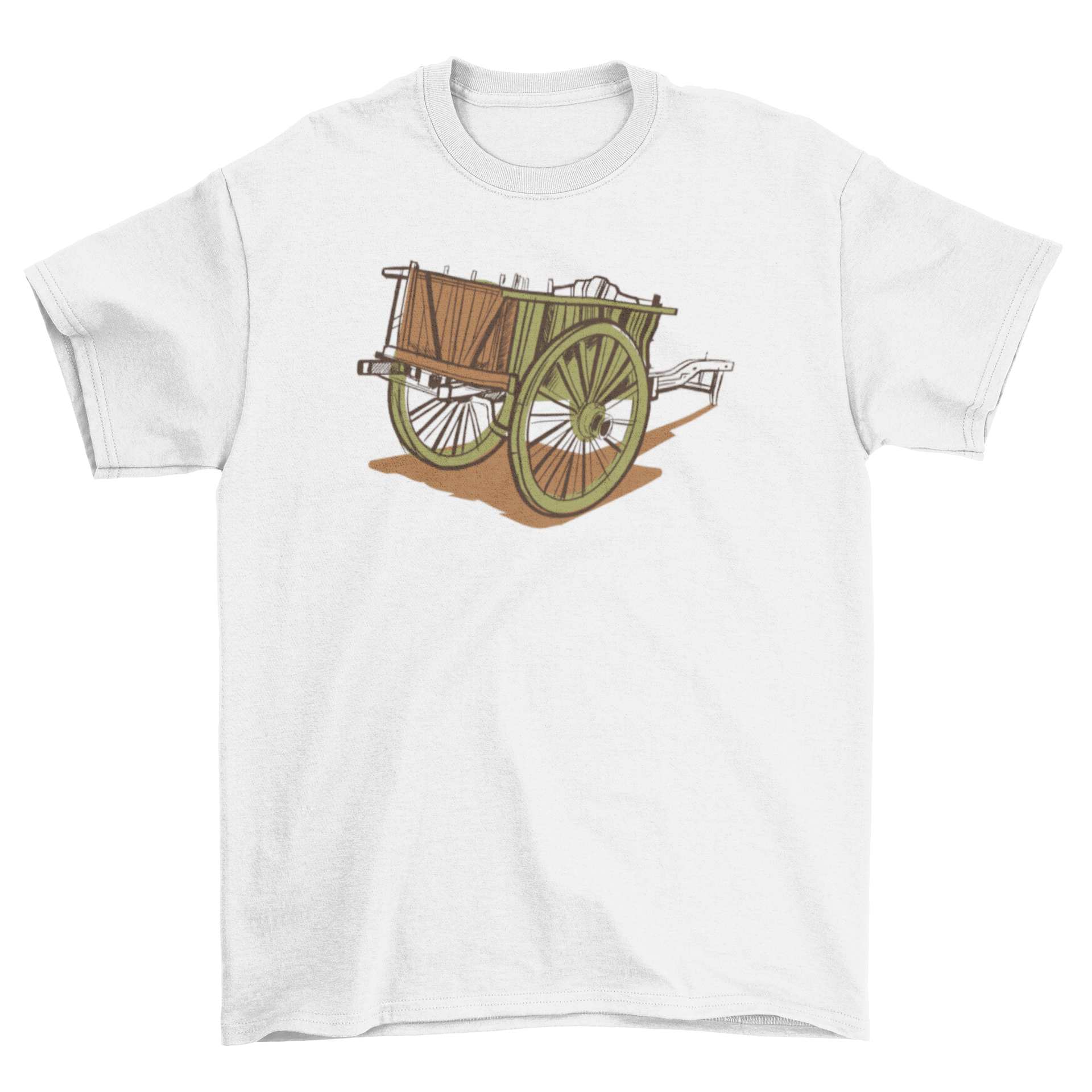 A stylish t-shirt featuring an intricate illustration of an antique wooden cart, showcasing vintage charm.