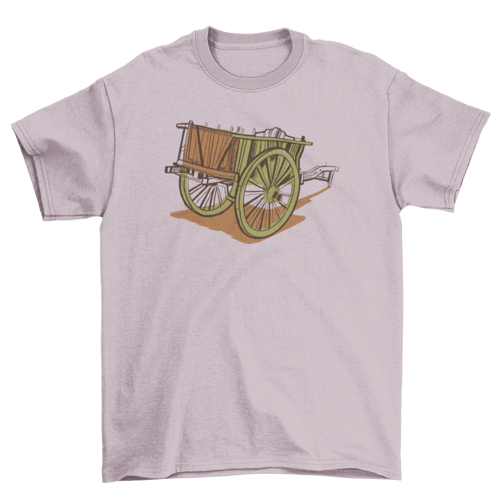 A stylish t-shirt featuring an intricate illustration of an antique wooden cart, showcasing vintage charm.