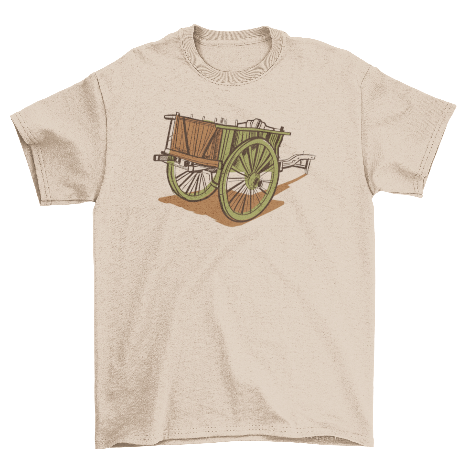 A stylish t-shirt featuring an intricate illustration of an antique wooden cart, showcasing vintage charm.