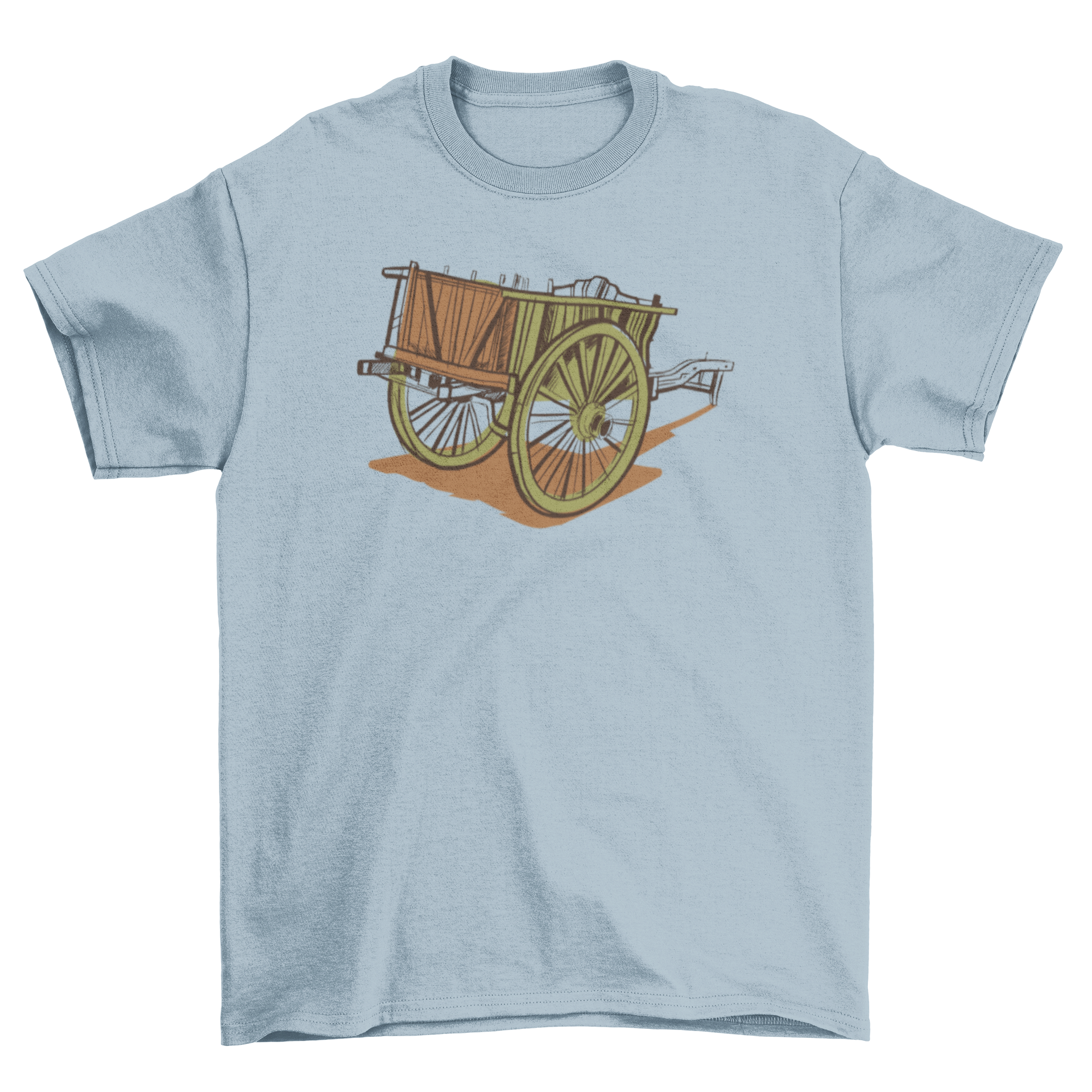 A stylish t-shirt featuring an intricate illustration of an antique wooden cart, showcasing vintage charm.