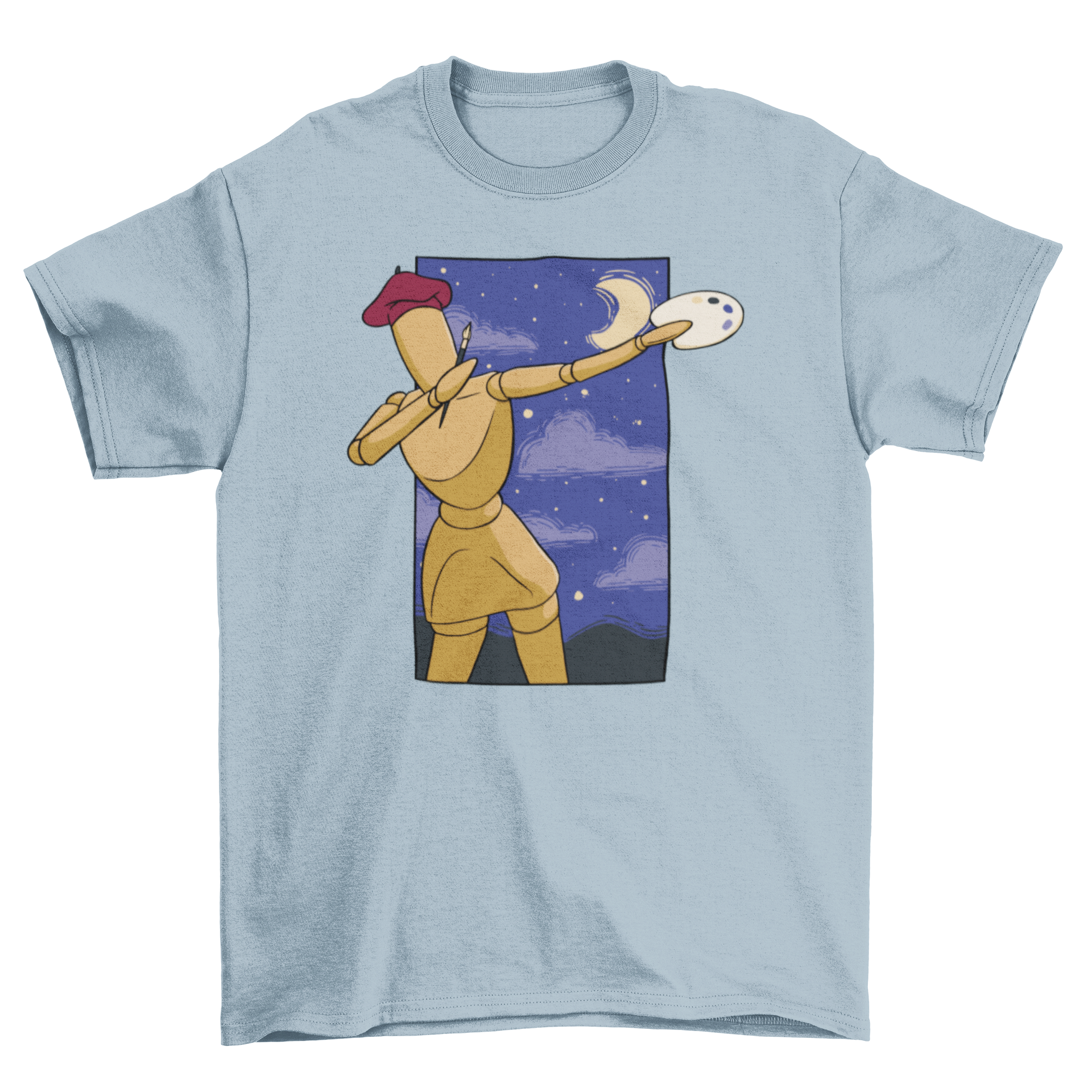 A stylish t-shirt featuring a wooden figure painter dabbing, showcasing artistic creativity.