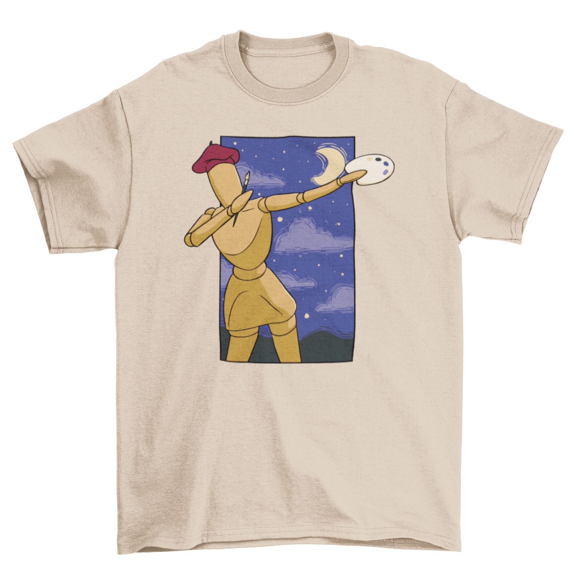 A stylish t-shirt featuring a wooden figure painter dabbing, showcasing artistic creativity.