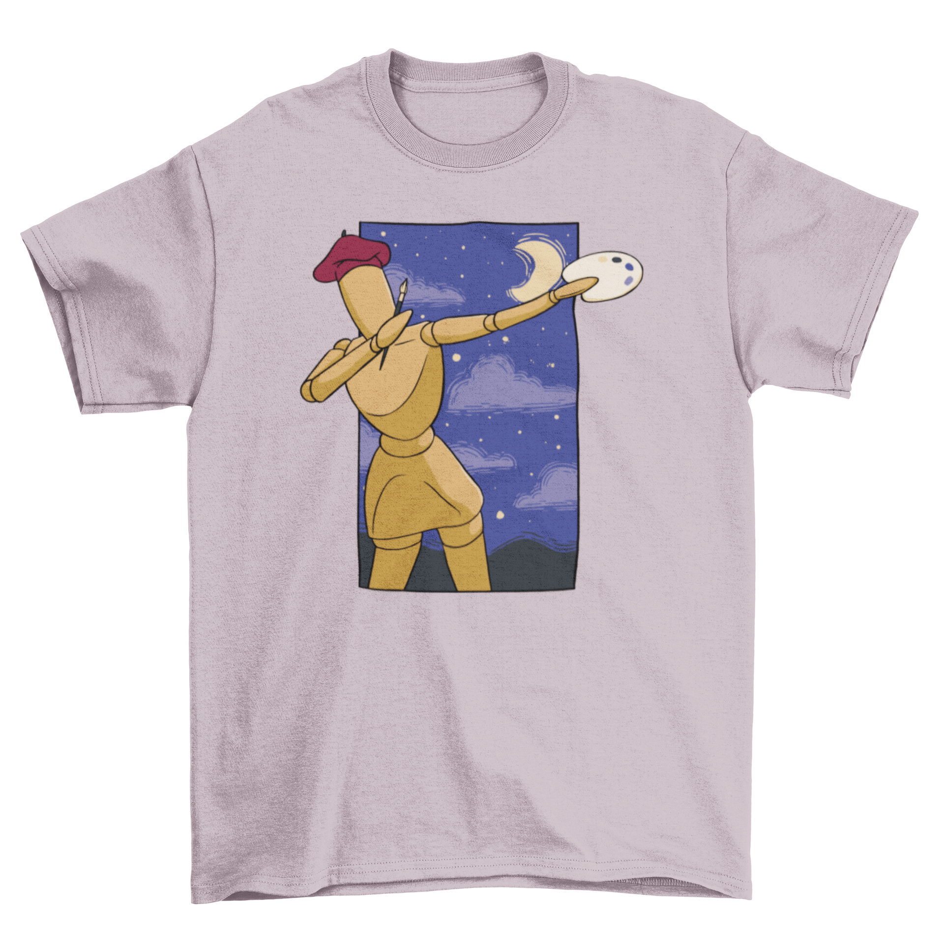 A stylish t-shirt featuring a wooden figure painter dabbing, showcasing artistic creativity.