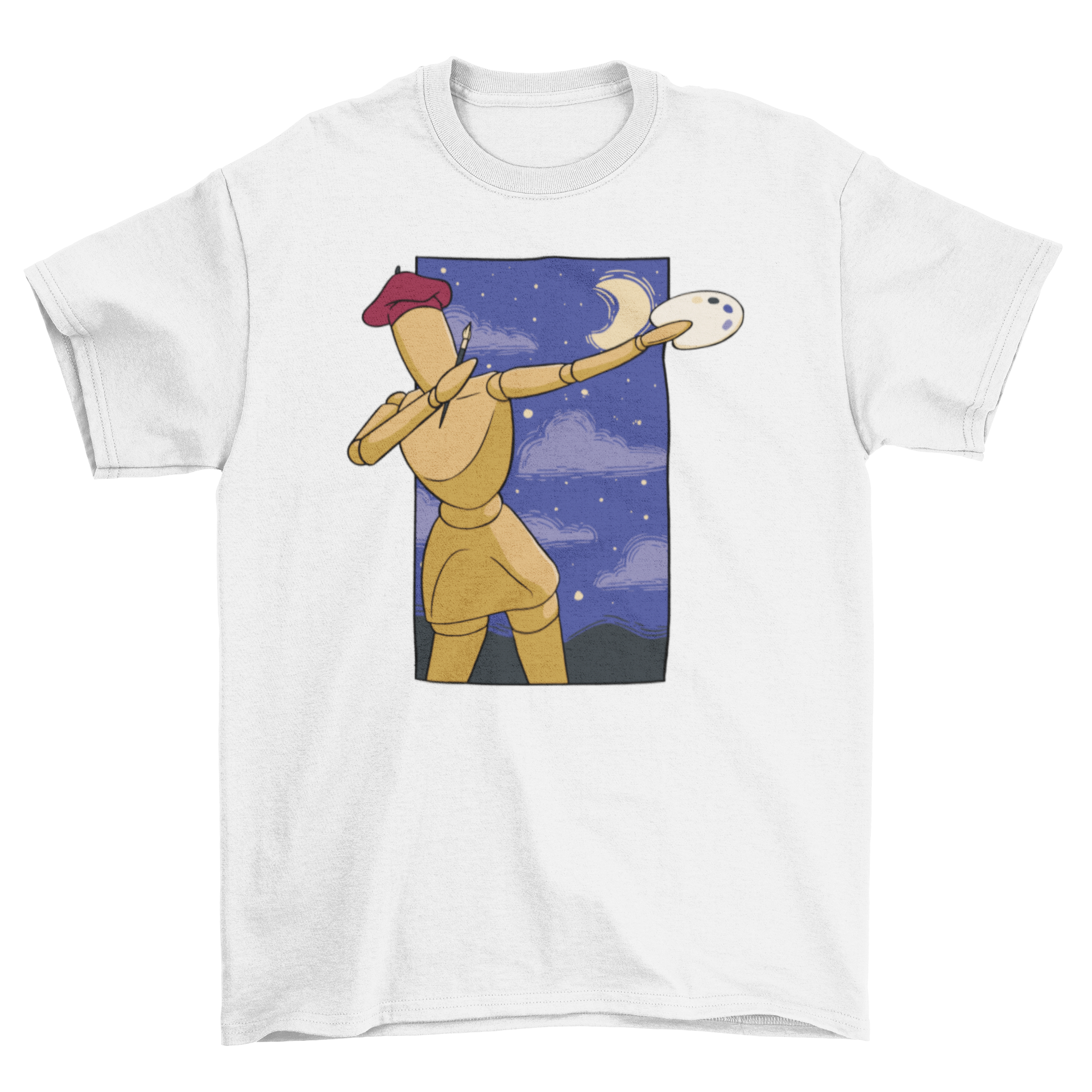 A stylish t-shirt featuring a wooden figure painter dabbing, showcasing artistic creativity.