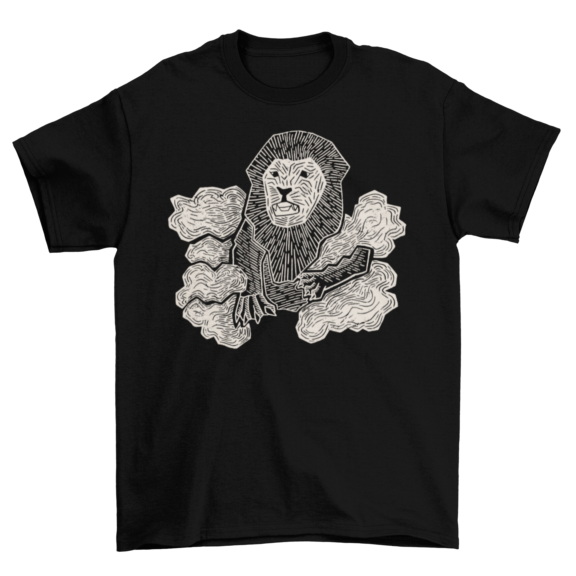 A stylish t-shirt featuring a unique wooden lion design, perfect for animal lovers.