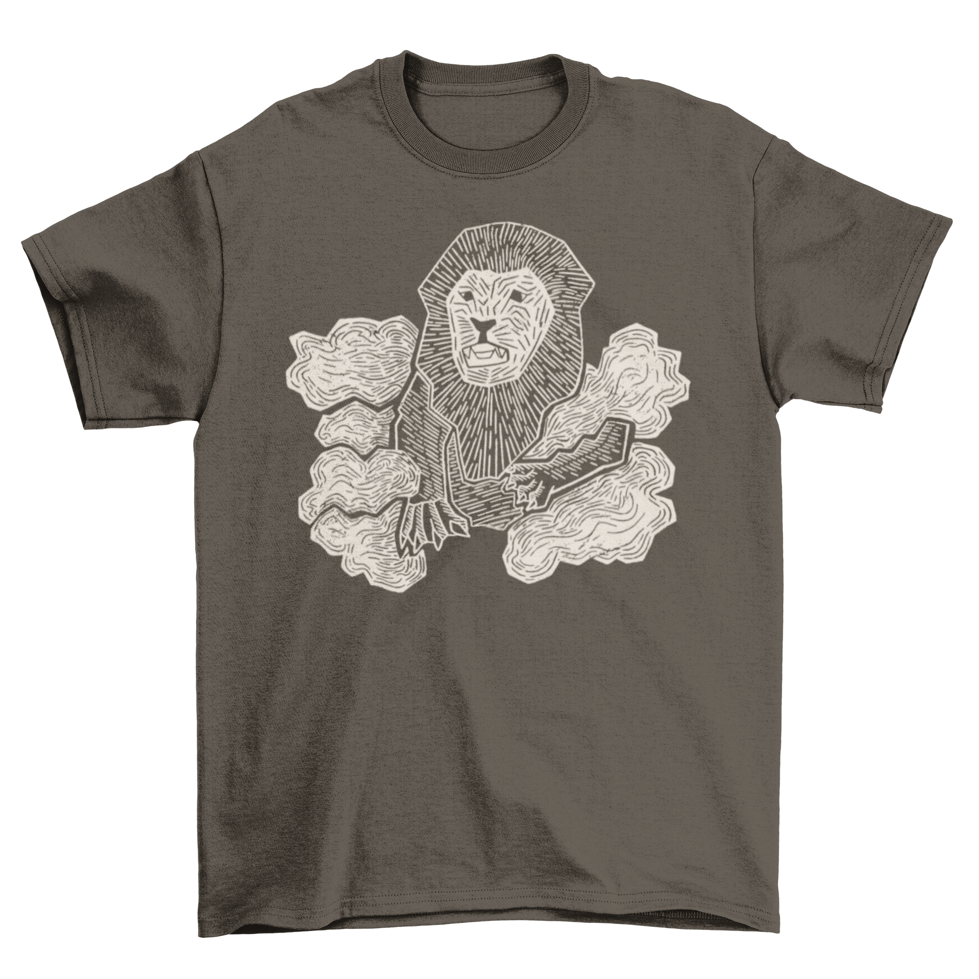 A stylish t-shirt featuring a unique wooden lion design, perfect for animal lovers.