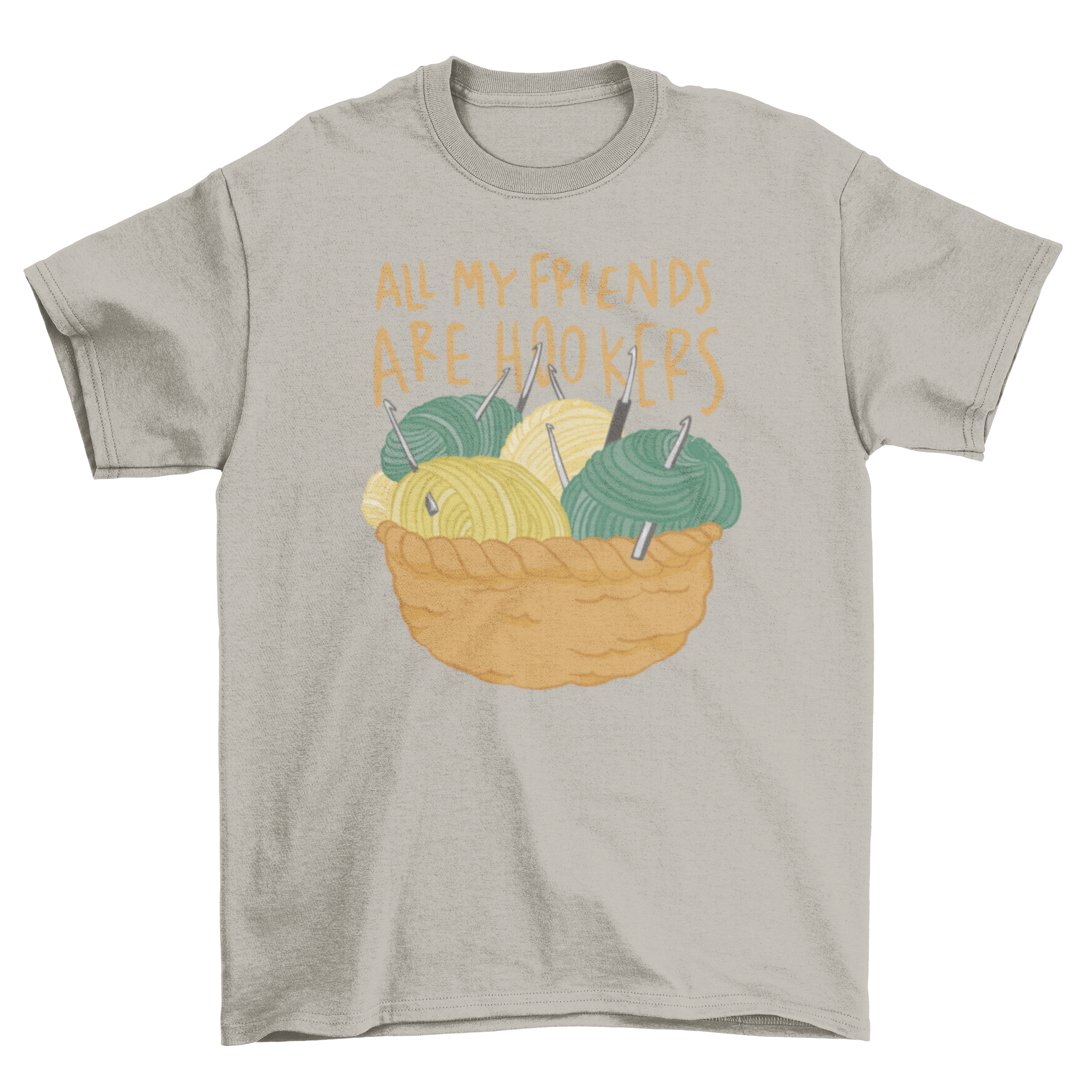 A stylish t-shirt featuring a basket of colorful wool balls and the quote 'All my friends are hookers'.