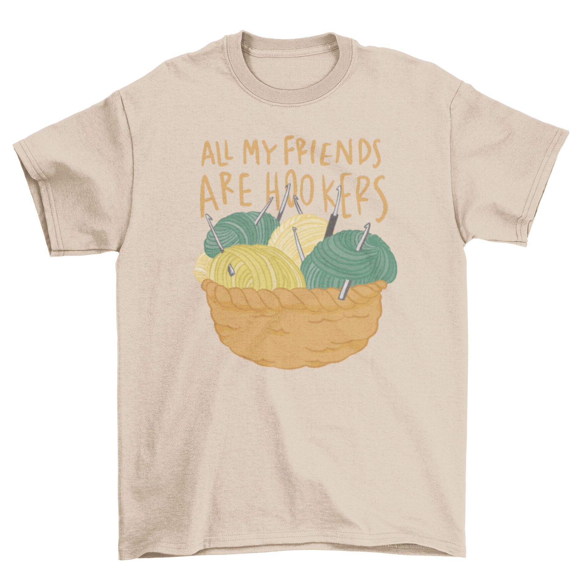 A stylish t-shirt featuring a basket of colorful wool balls and the quote 'All my friends are hookers'.