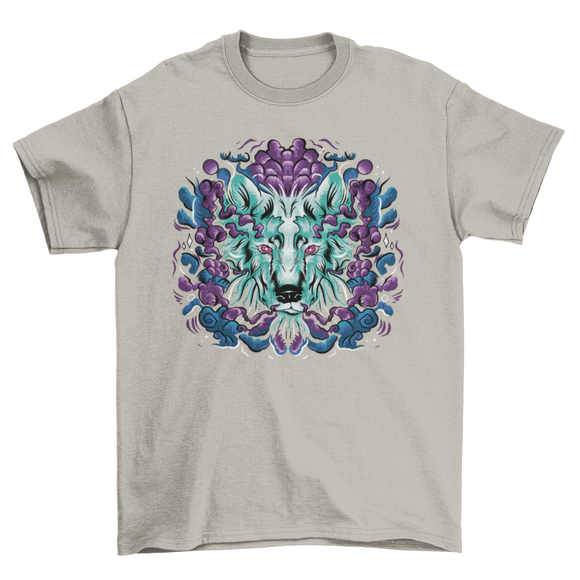 A fantasy t-shirt featuring a wolf's head surrounded by magical fog, showcasing intricate design and vibrant colors.