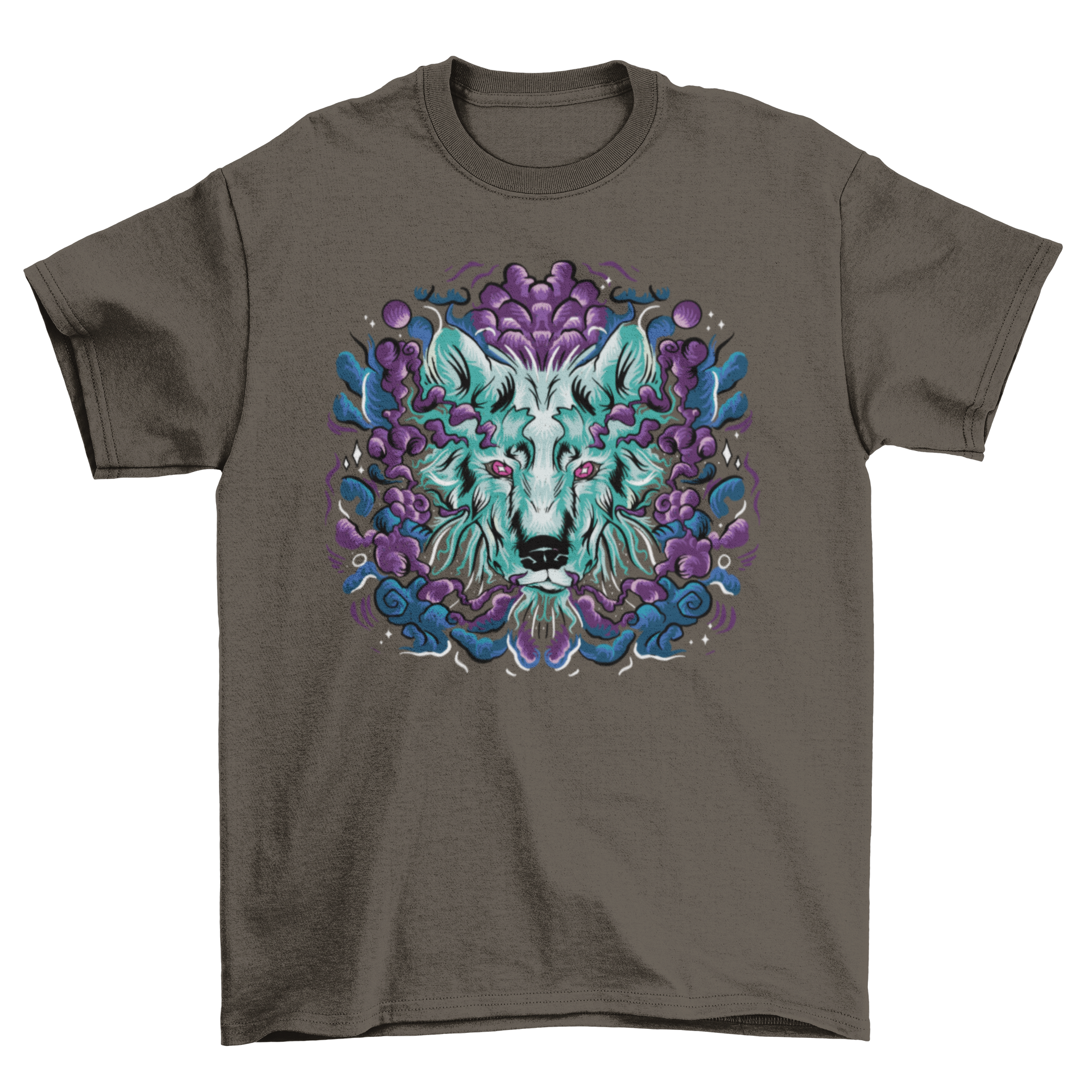 A fantasy t-shirt featuring a wolf's head surrounded by magical fog, showcasing intricate design and vibrant colors.