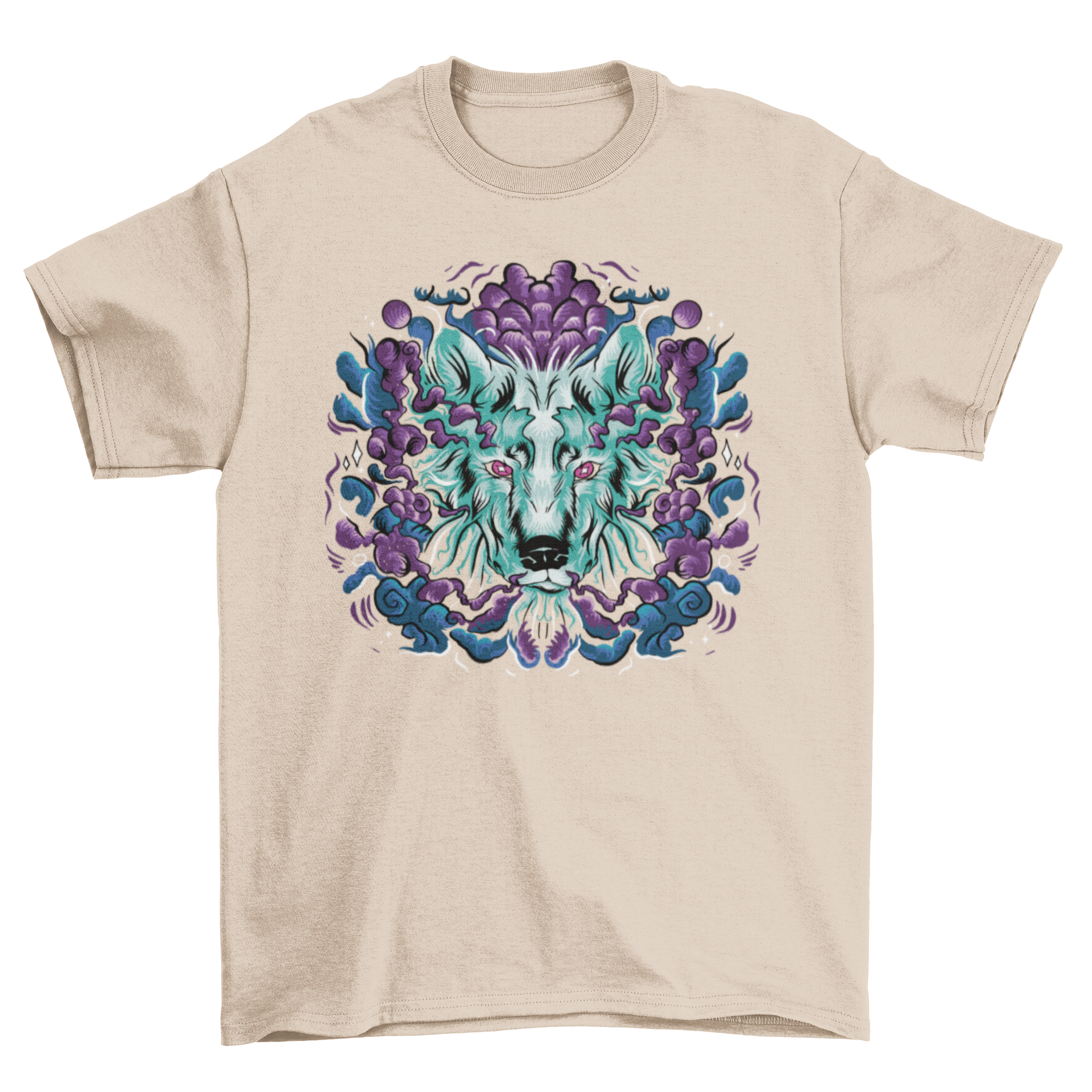 A fantasy t-shirt featuring a wolf's head surrounded by magical fog, showcasing intricate design and vibrant colors.