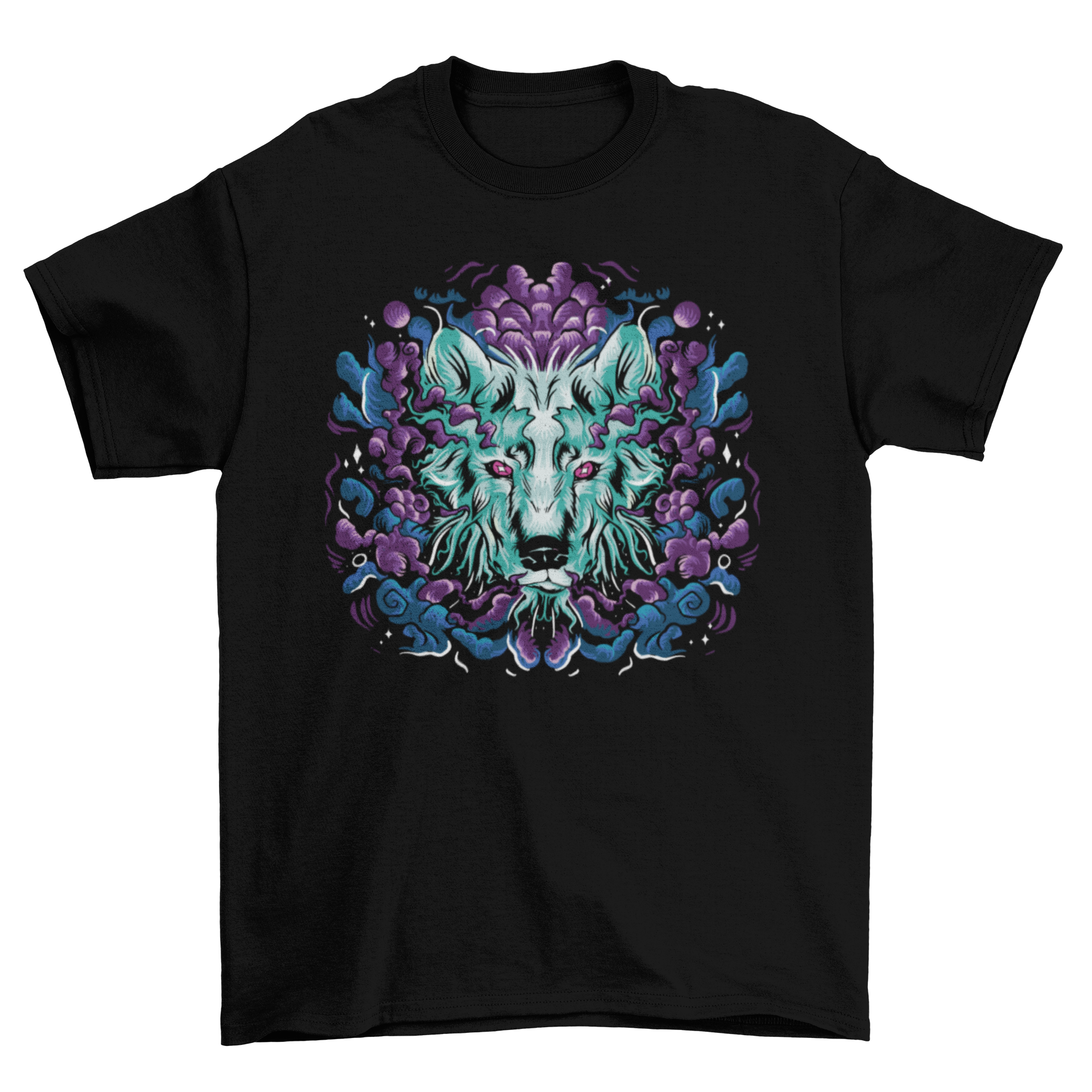 A fantasy t-shirt featuring a wolf's head surrounded by magical fog, showcasing intricate design and vibrant colors.