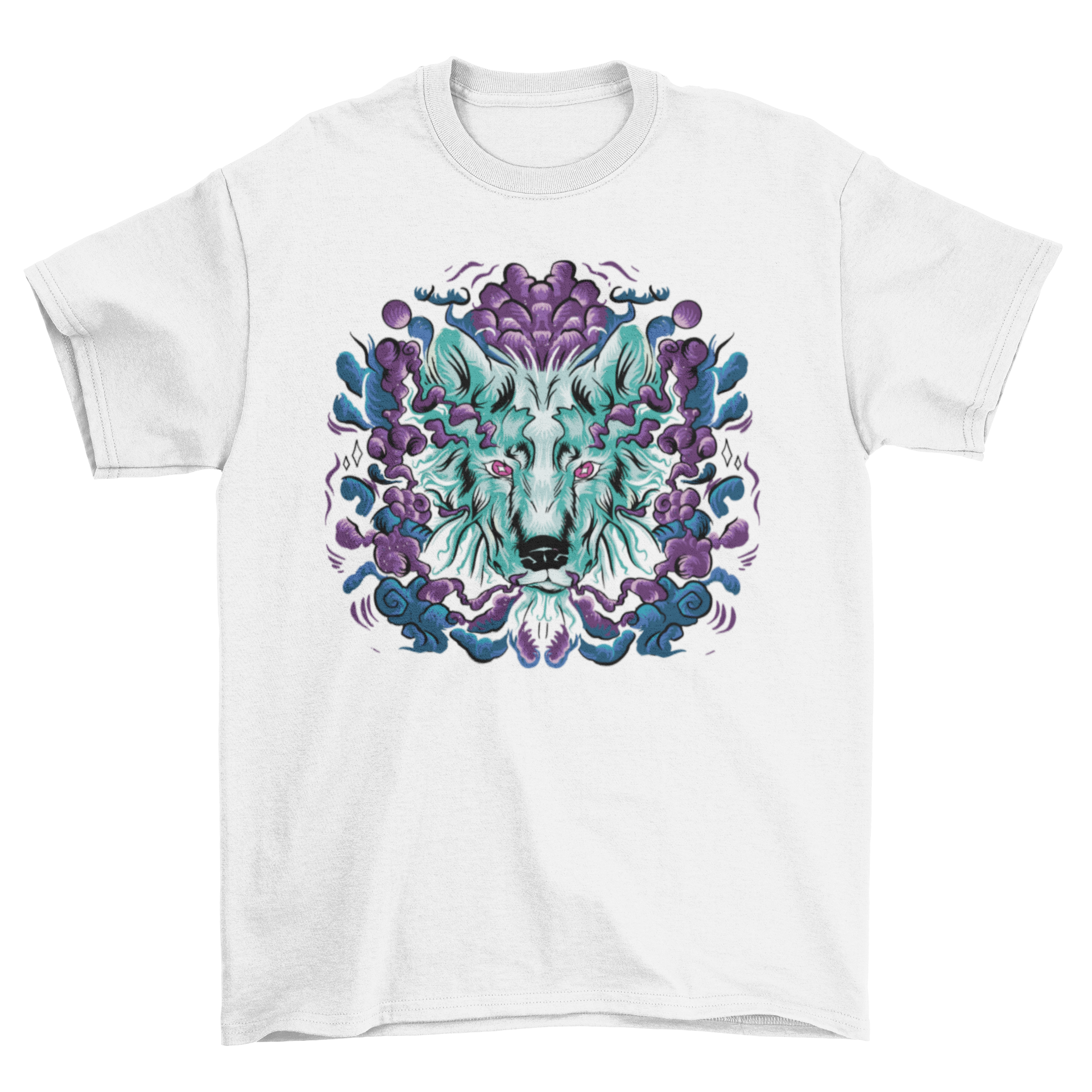 A fantasy t-shirt featuring a wolf's head surrounded by magical fog, showcasing intricate design and vibrant colors.